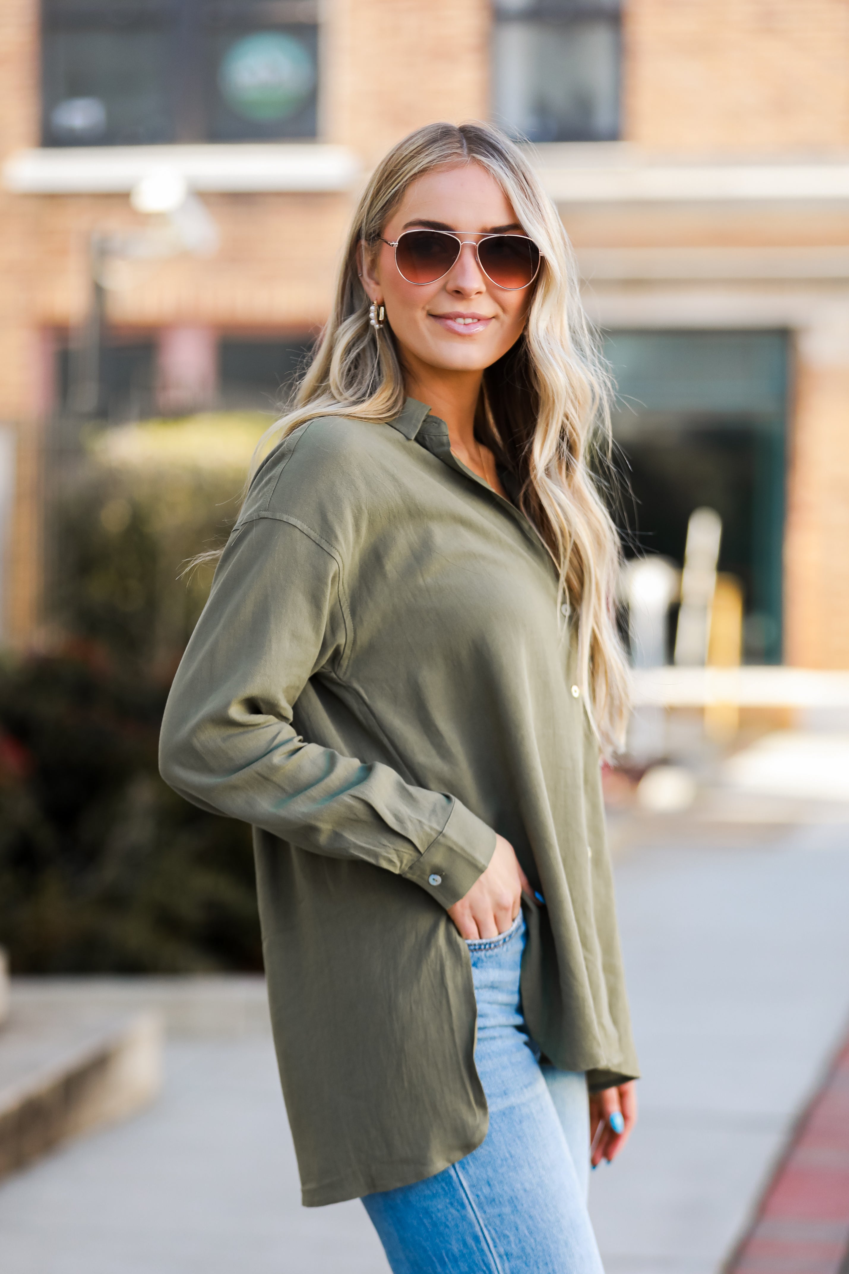 lightweight olive Linen Button-Up Blouse