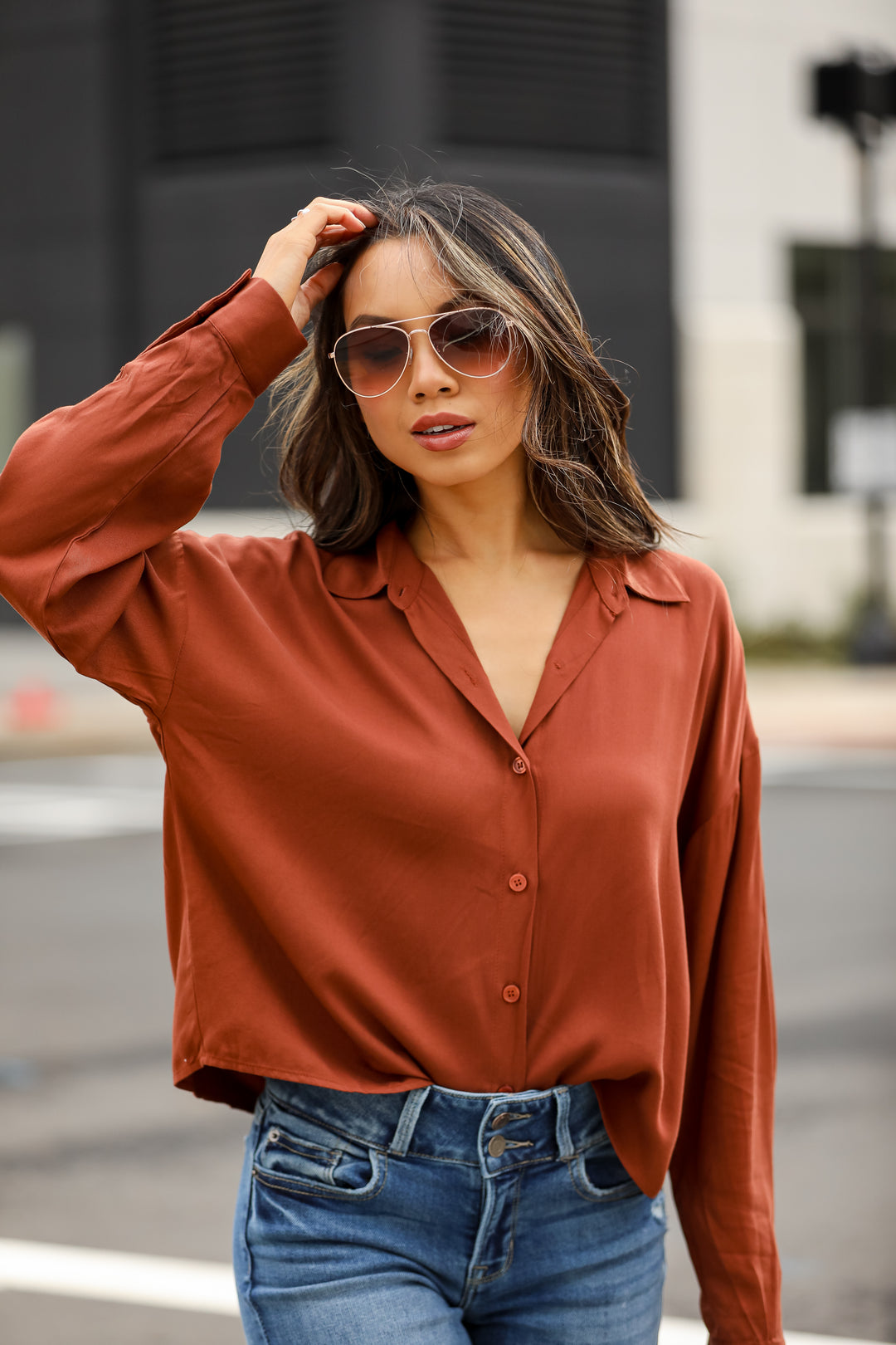 rust Cropped Button-Up Blouse