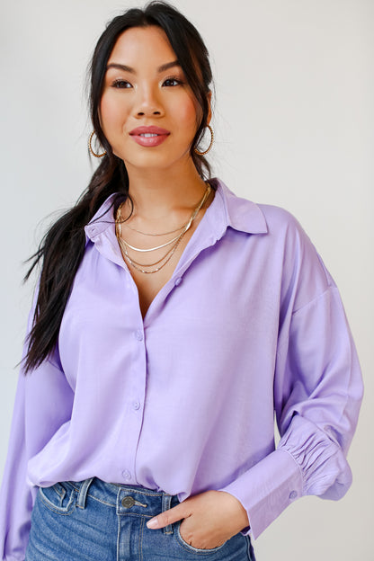 lavender Satin Button-Up Blouse