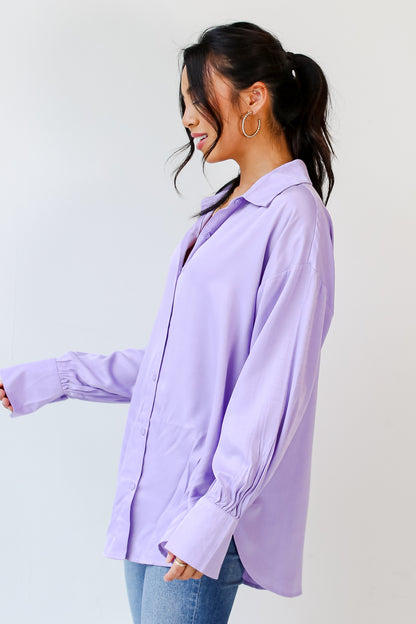 lavender Satin Button-Up Blouse side view