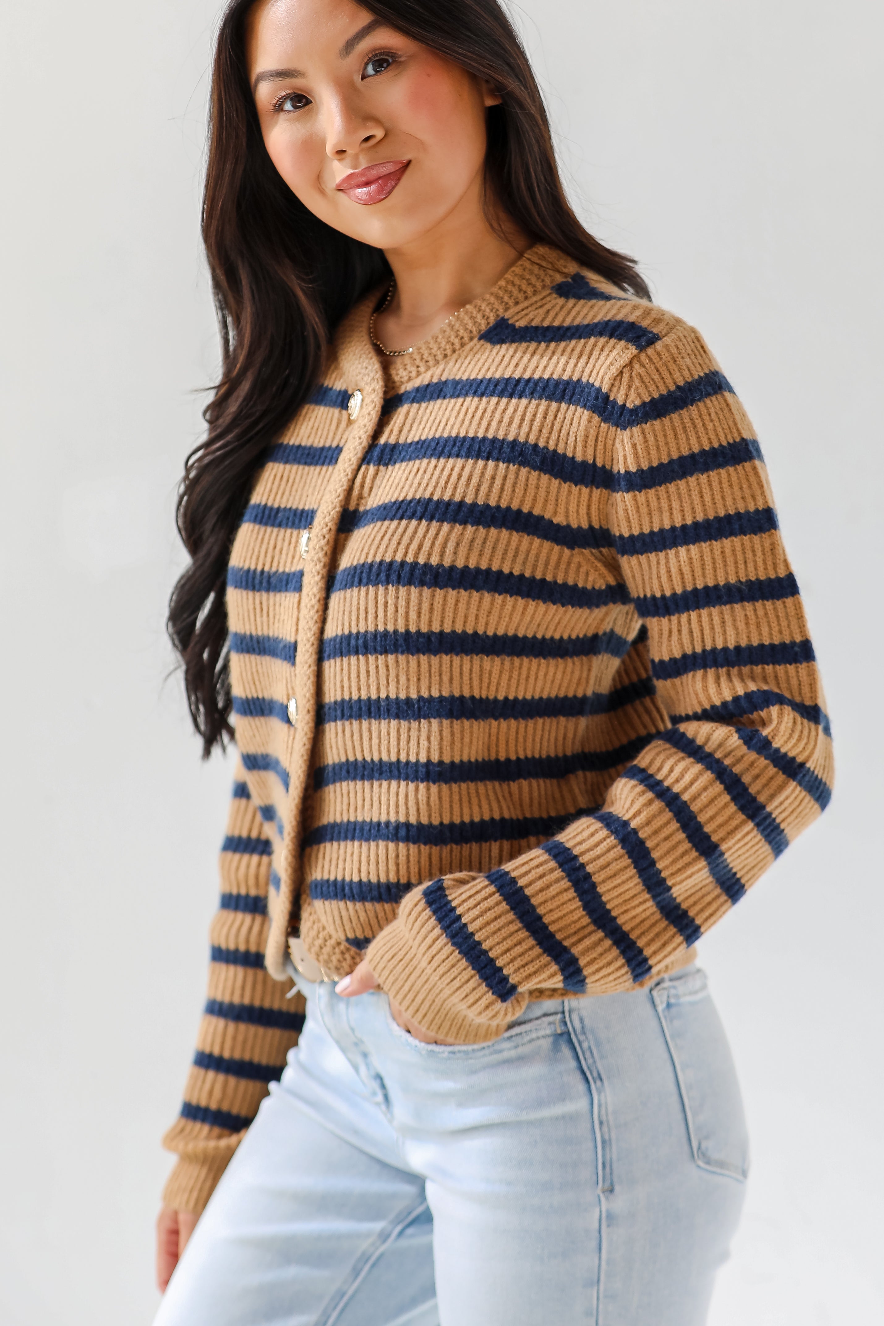 Chicest Option Camel Striped Sweater Cardigan