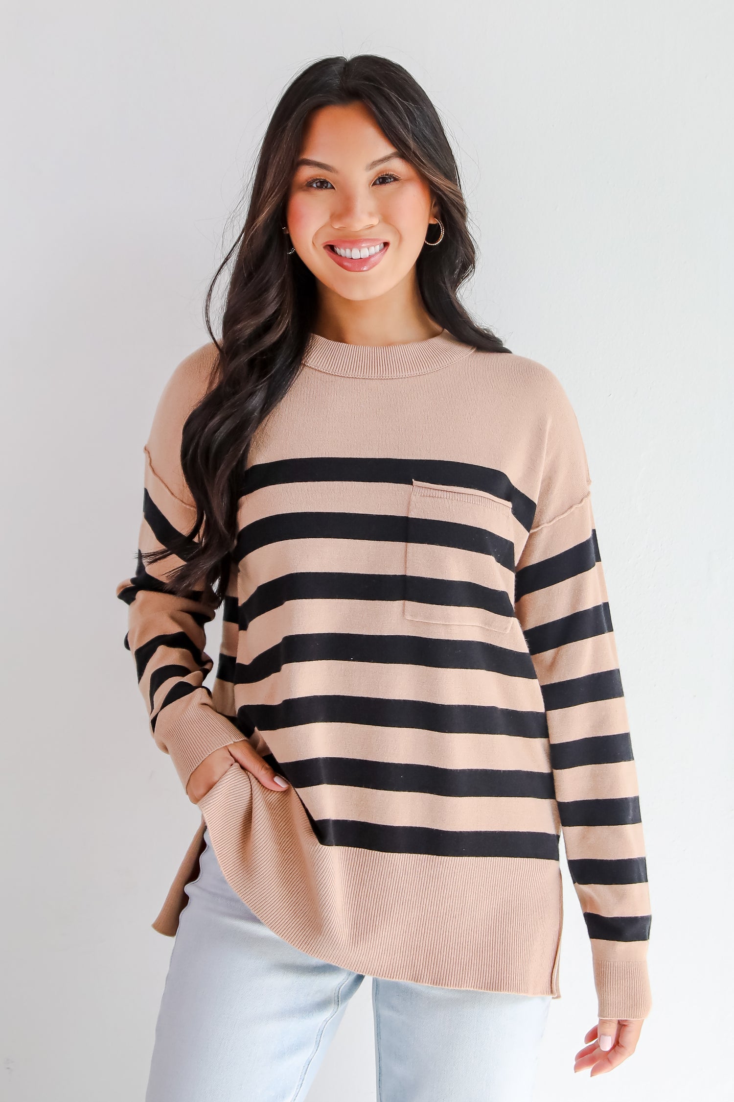 Cuddled Up Days Camel Striped Sweater