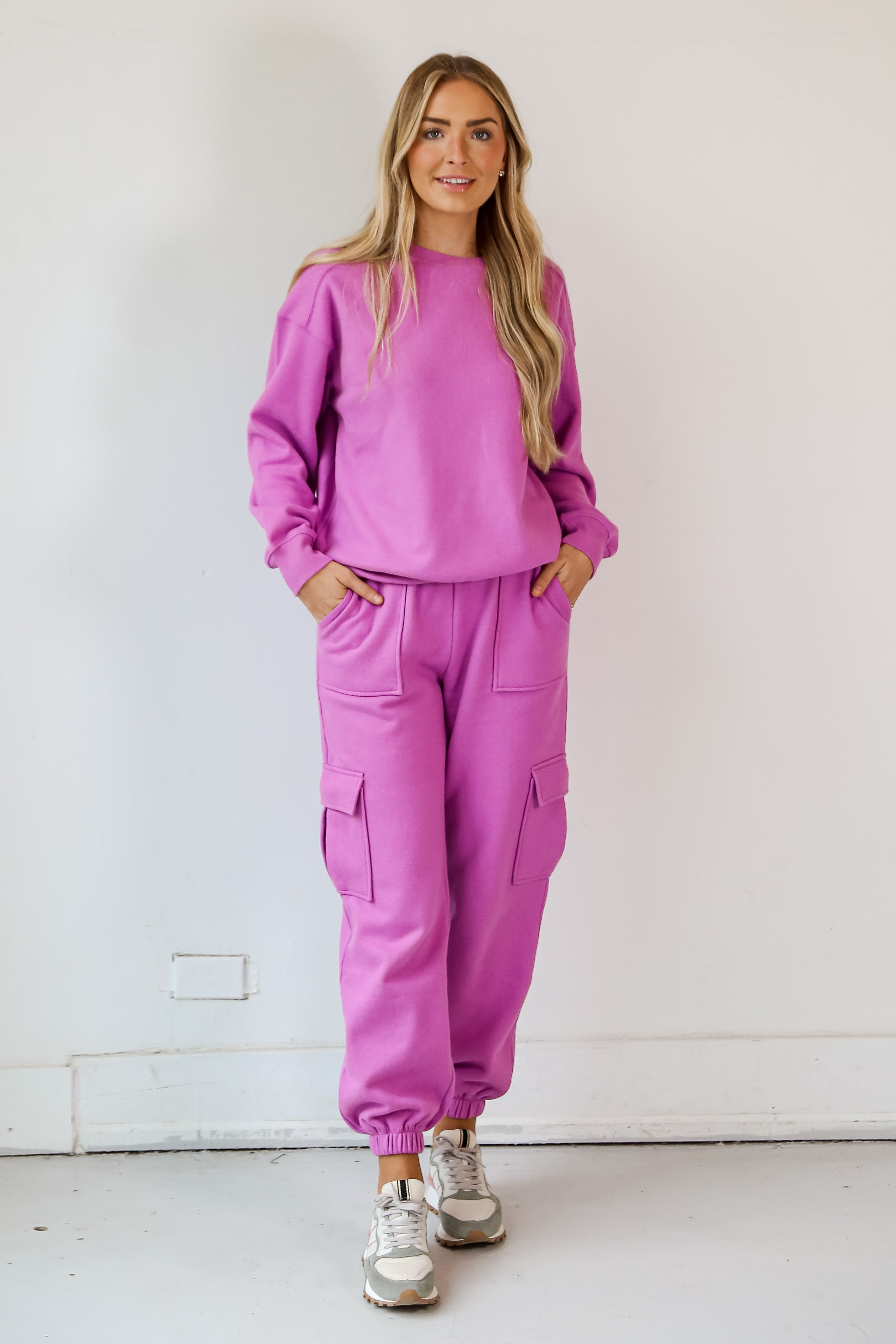 purple Fleece Cargo Jogger Sweatpants on model