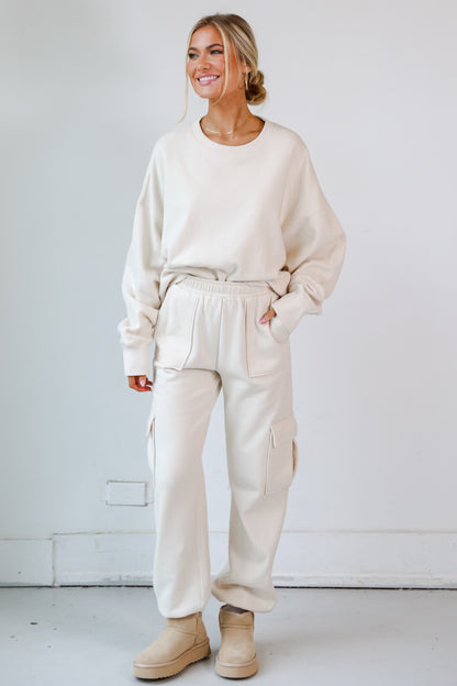 cream Fleece Cargo Jogger Sweatpants on model