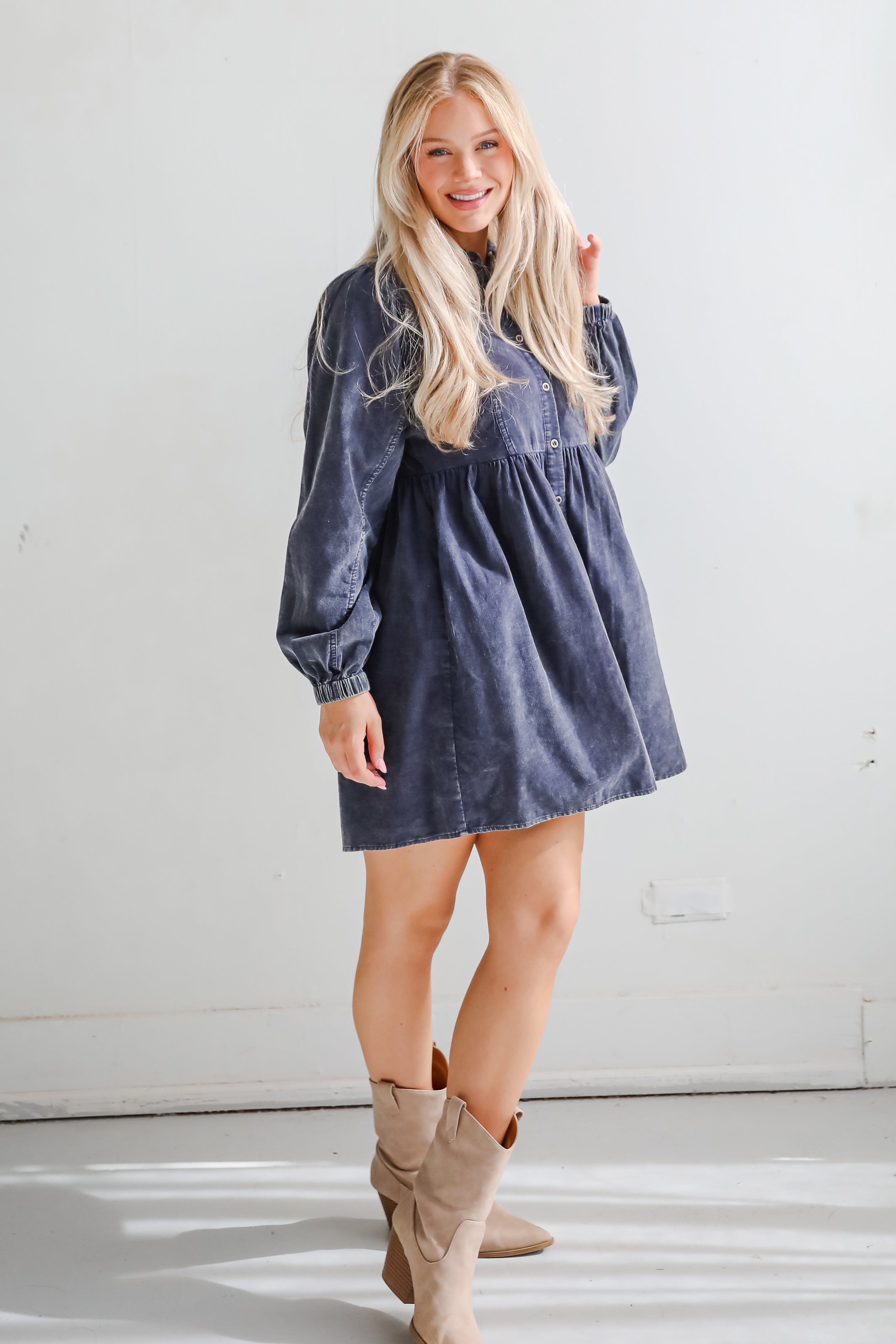 Cutest Expectation Charcoal Corduroy Babydoll Mini Dress