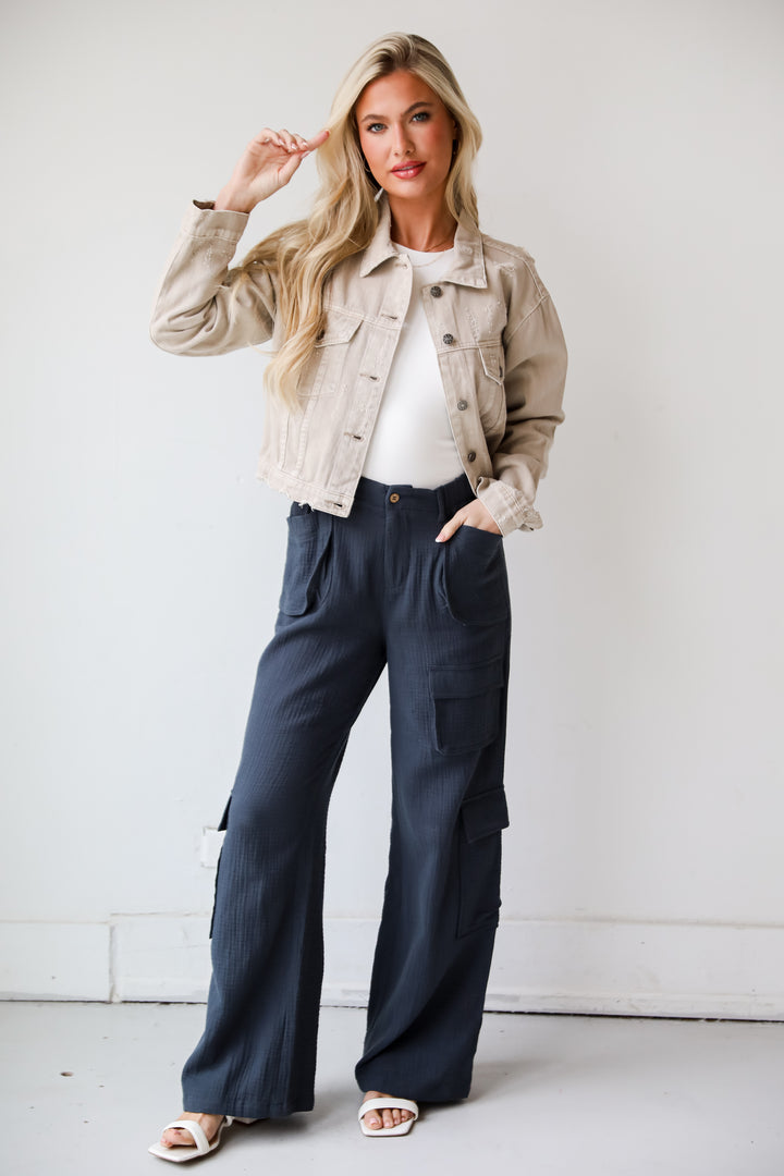 Charcoal Linen Cargo Pants for women