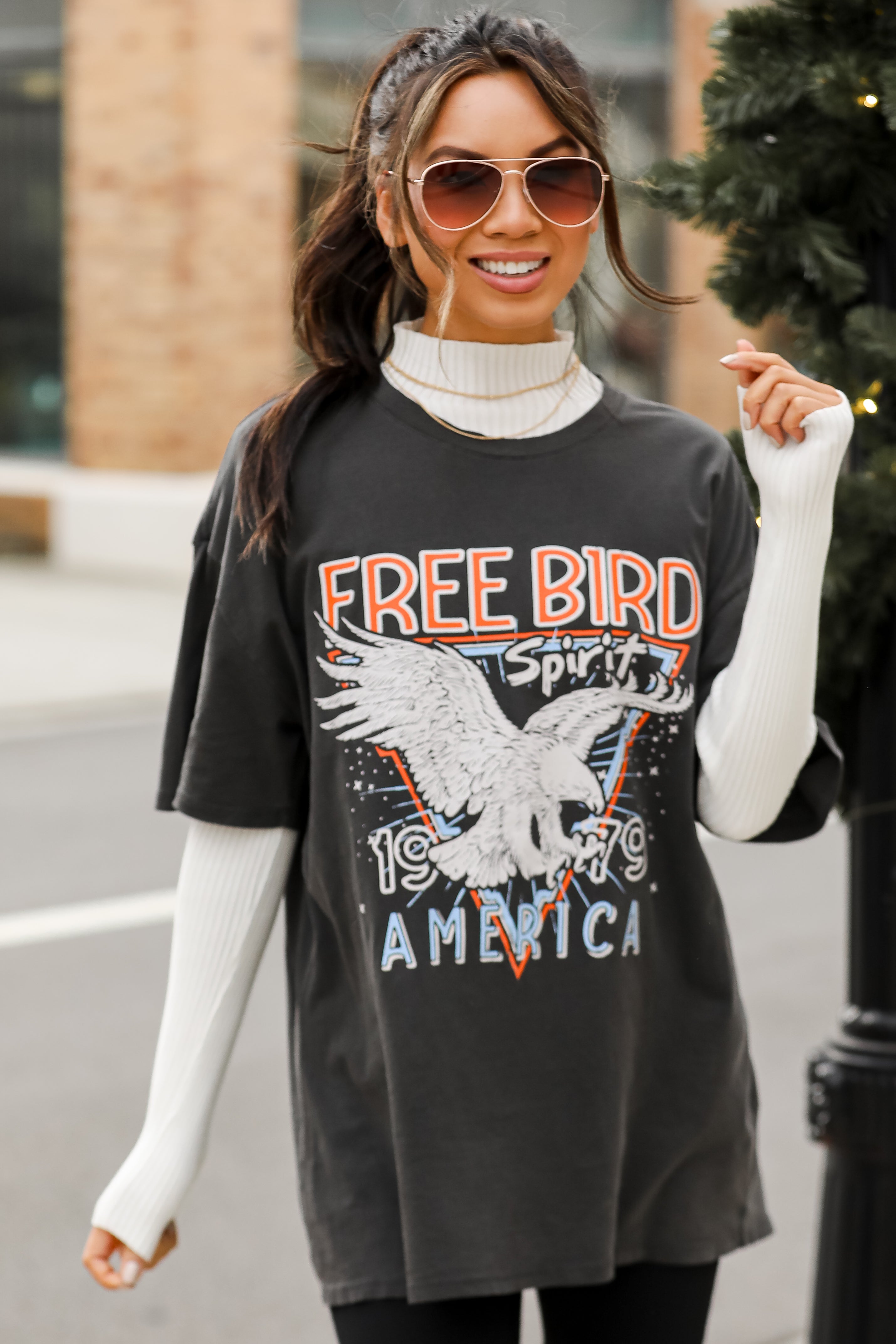 Charcoal Free Bird Spirit Oversized Graphic Tee