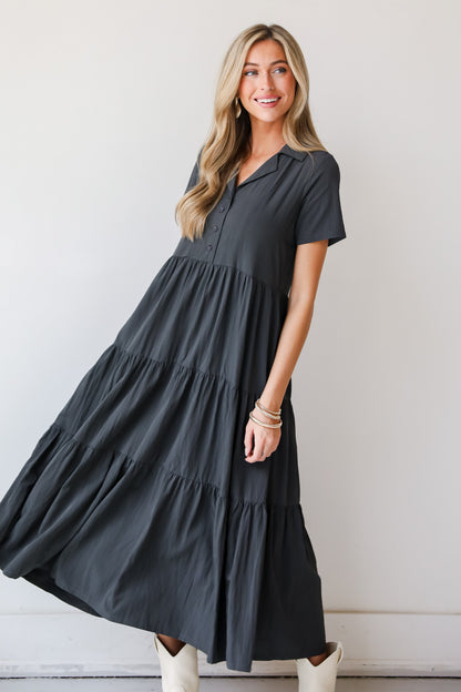 Stellar Sweetie Charcoal Tiered Maxi Dress