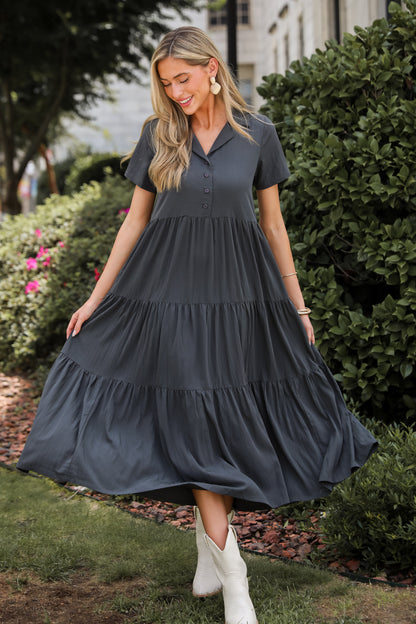 Stellar Sweetie Charcoal Tiered Maxi Dress