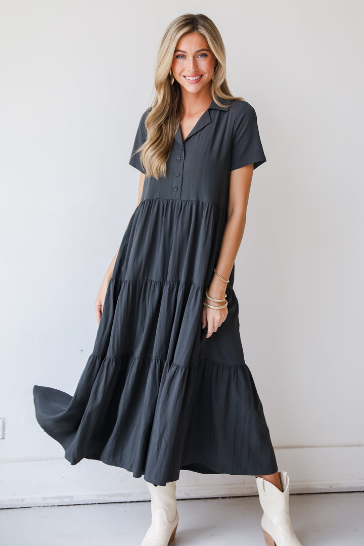 FINAL SALE - Stellar Sweetie Charcoal Tiered Maxi Dress