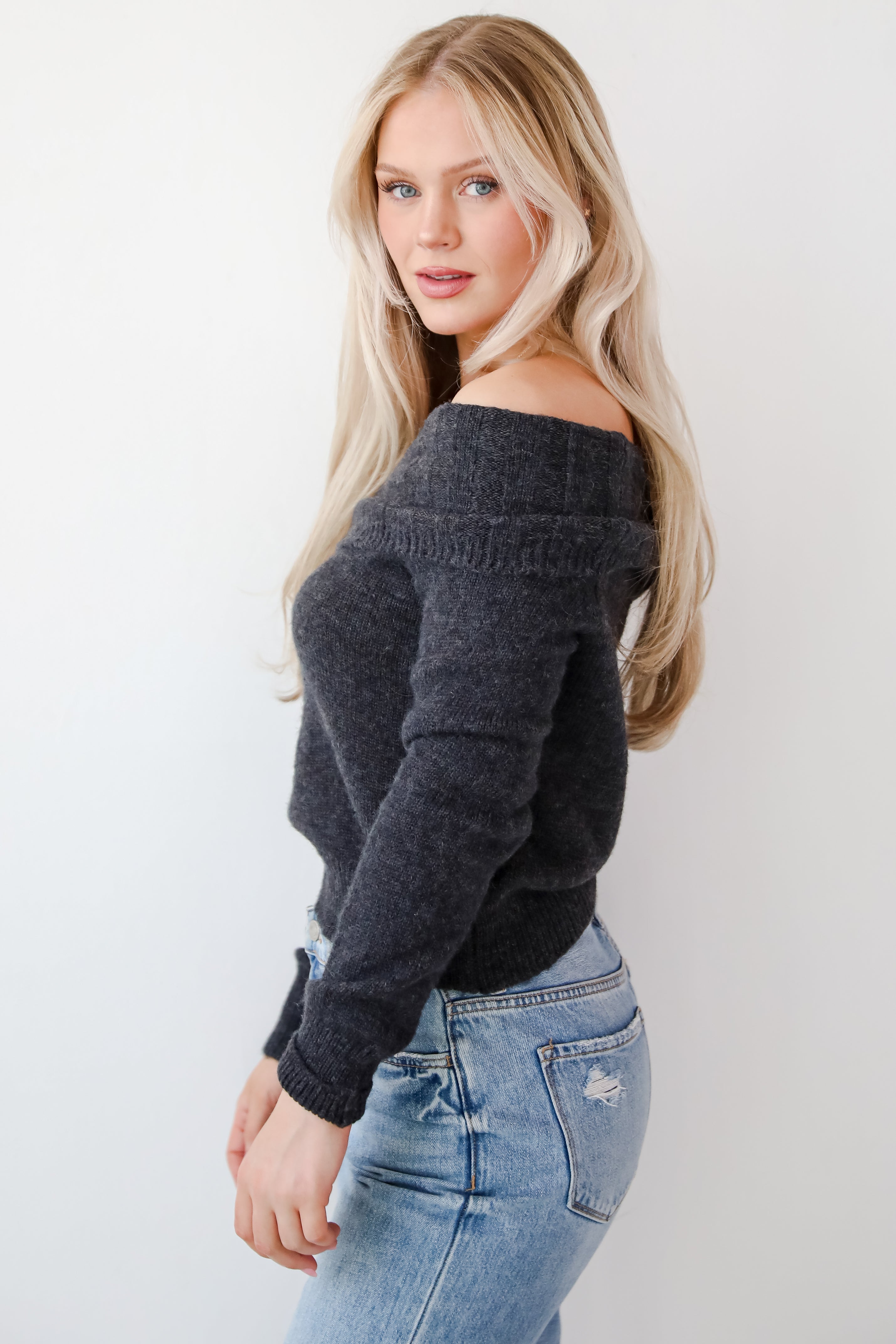 Dazzling Coziness Charcoal Off-The-Shoulder Sweater