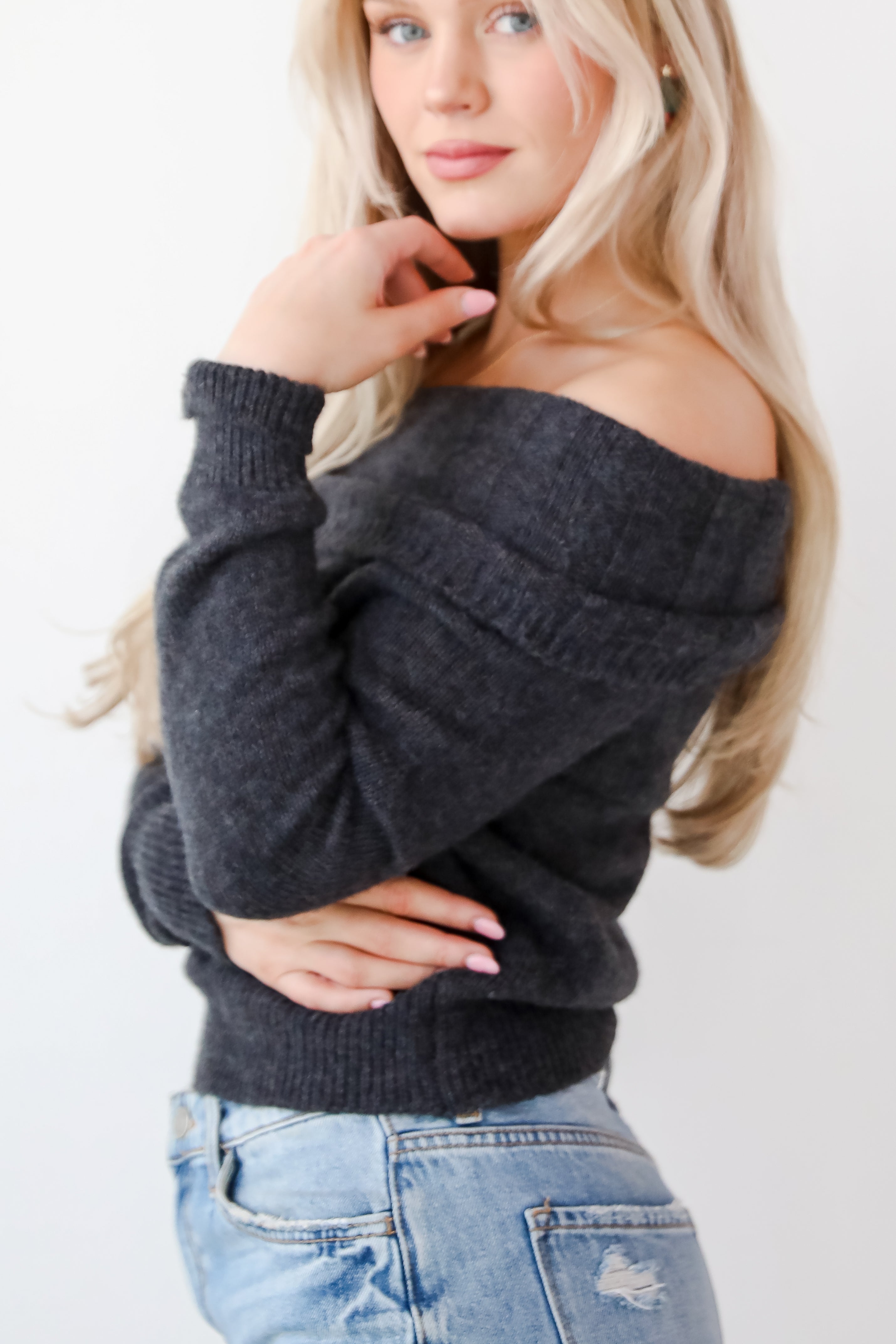 Dazzling Coziness Charcoal Off-The-Shoulder Sweater