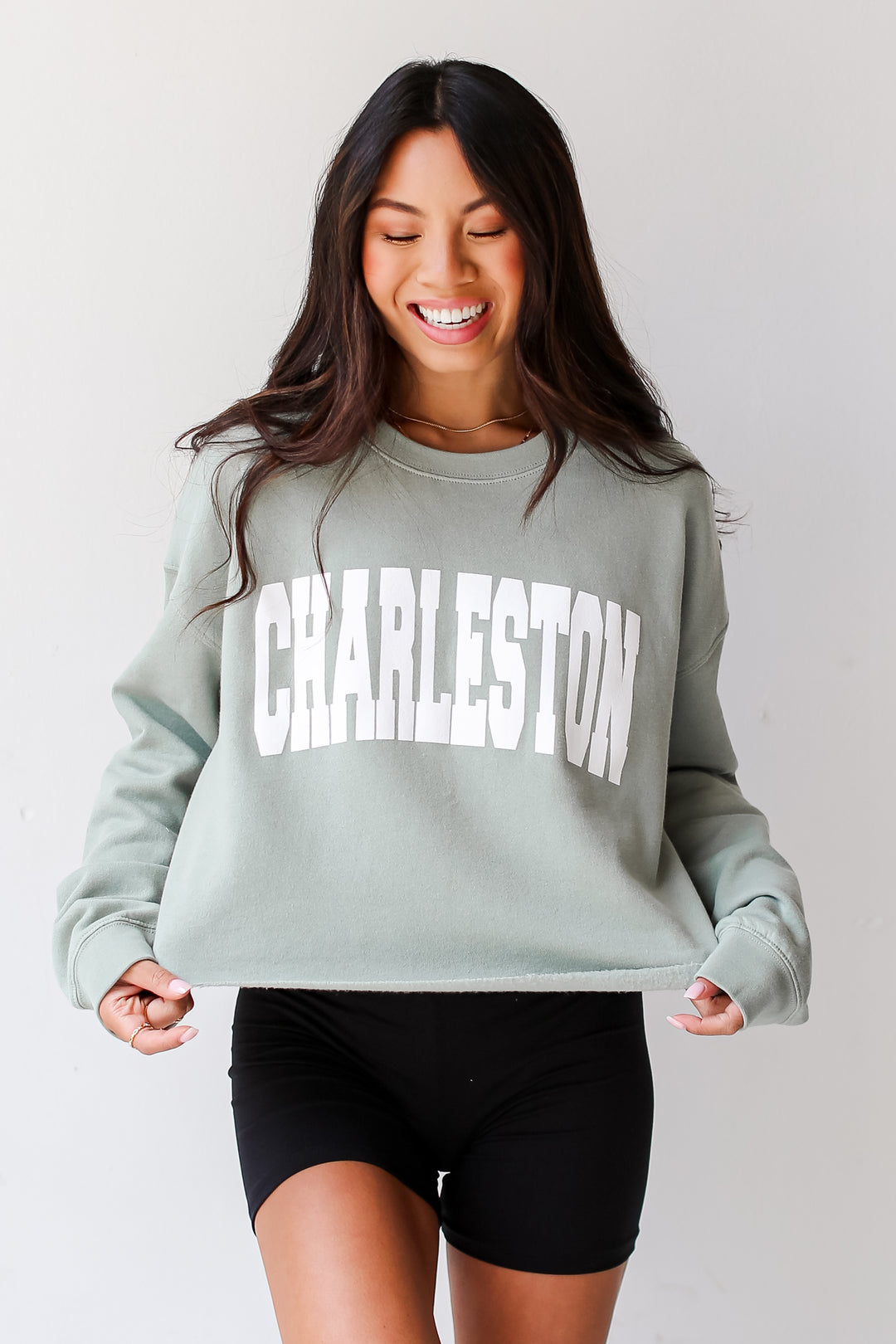 Sage Charleston Cropped Pullover on dress up model