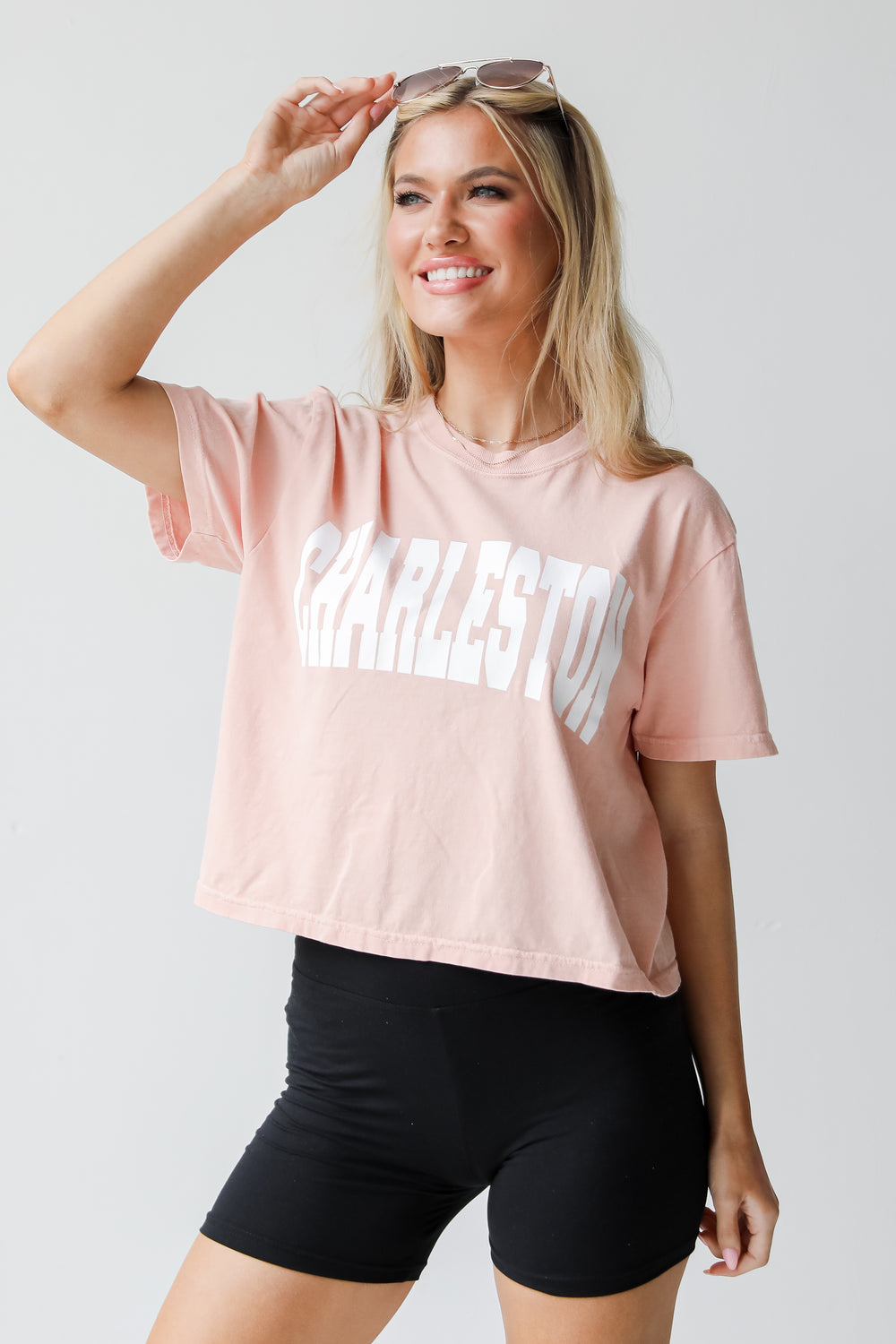 Peach Charleston Cropped Tee on model