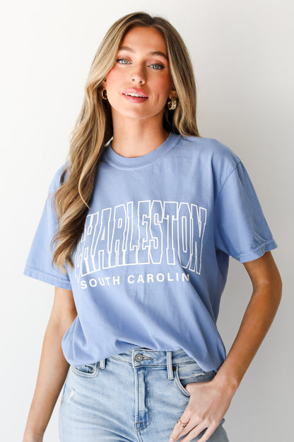 Light Blue Charleston South Carolina Block Letter Tee on model