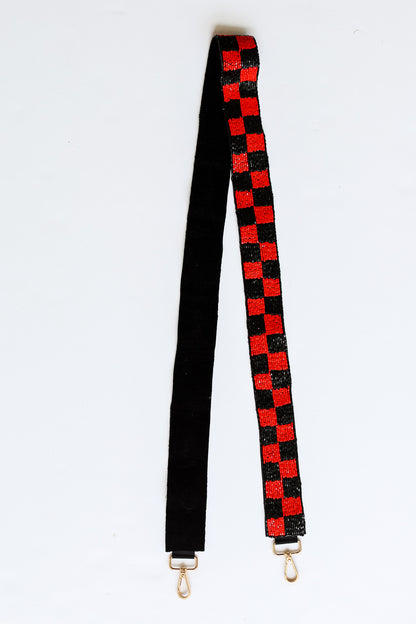 Red + Black Checkered Beaded Purse Strap flat lay