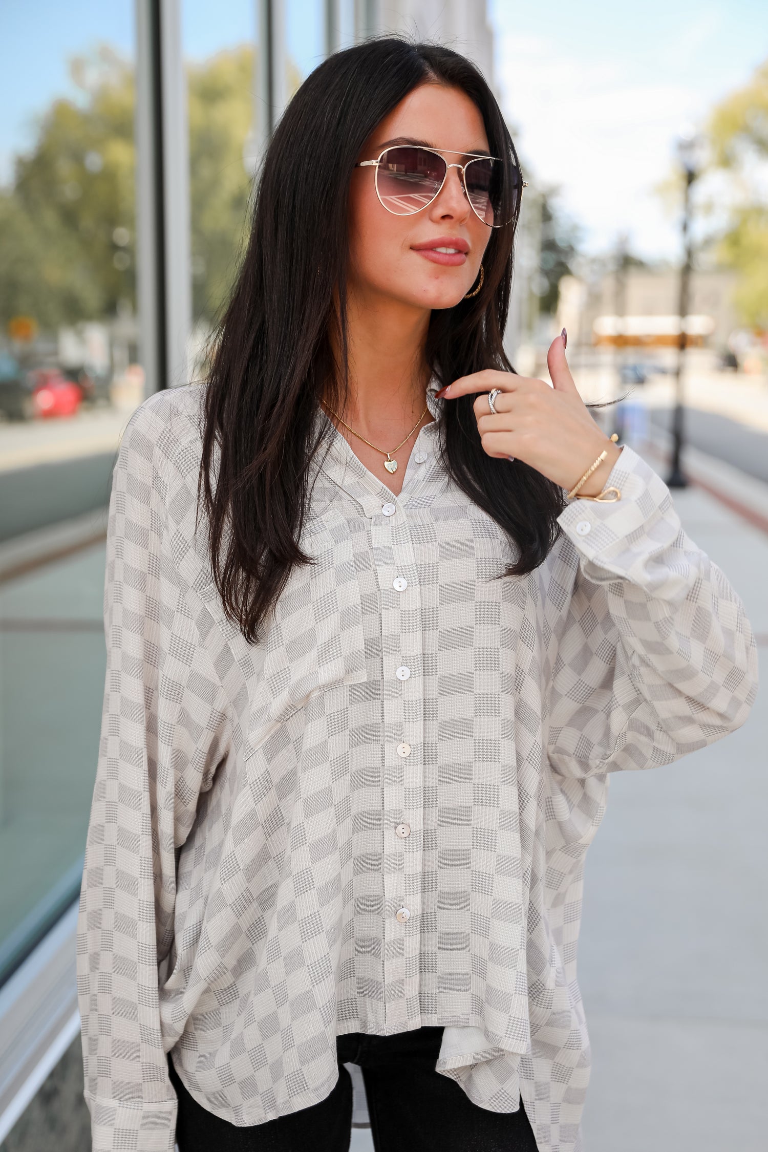 Truly A Beauty Natural Checkered Button-Up Blouse