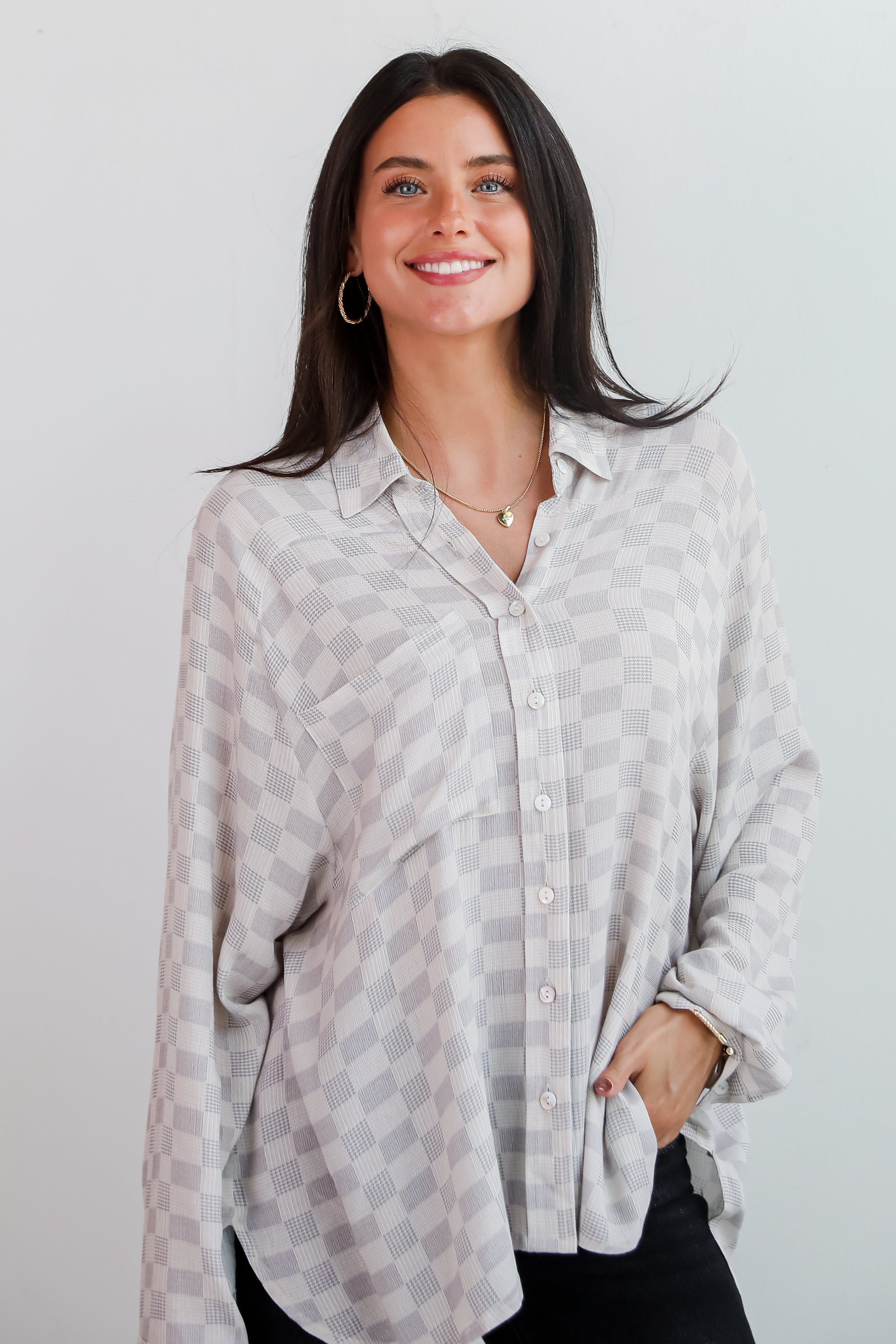 Truly A Beauty Natural Checkered Button-Up Blouse