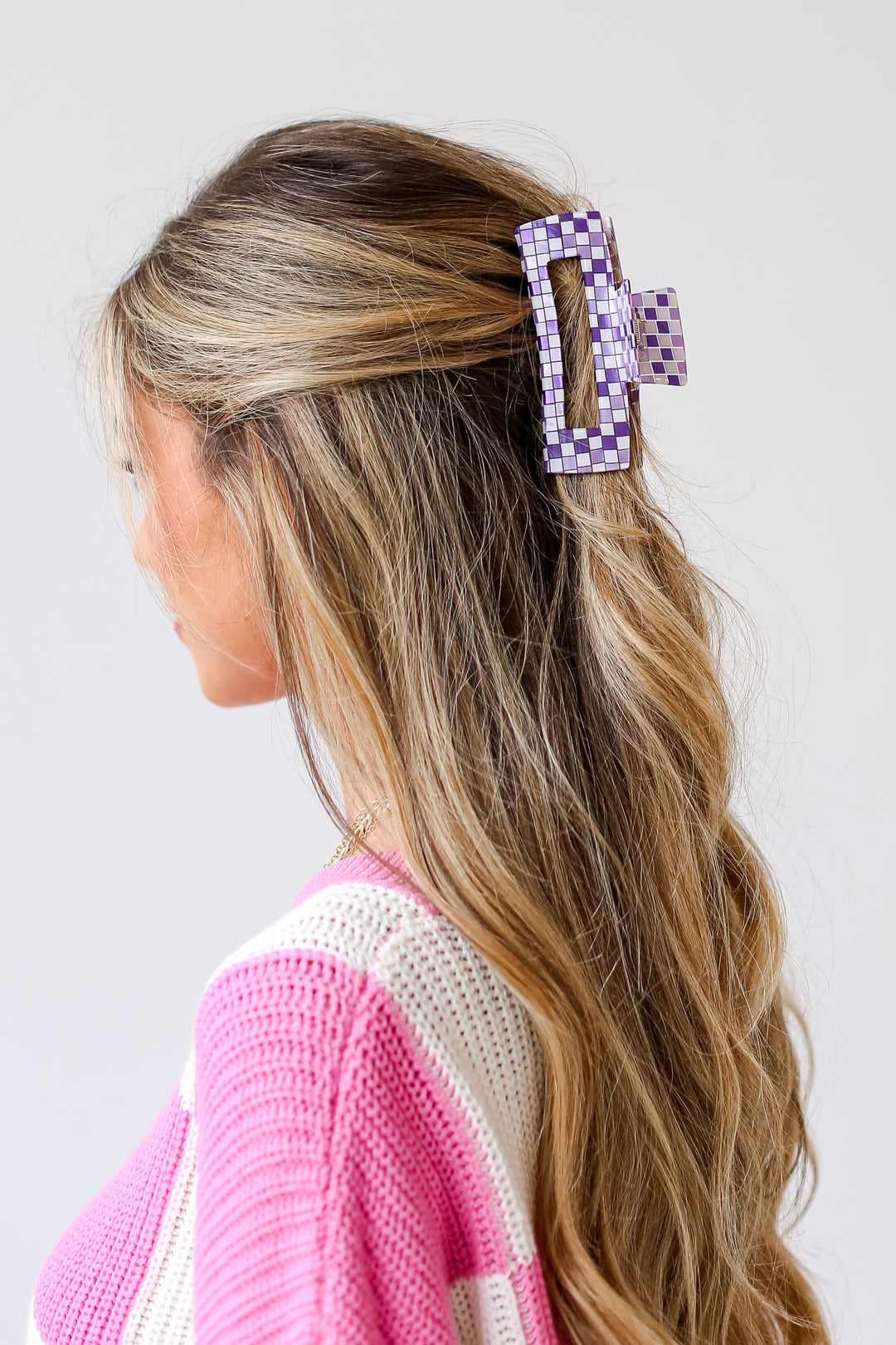 purple Acrylic Checkered Claw Hair Clip on model