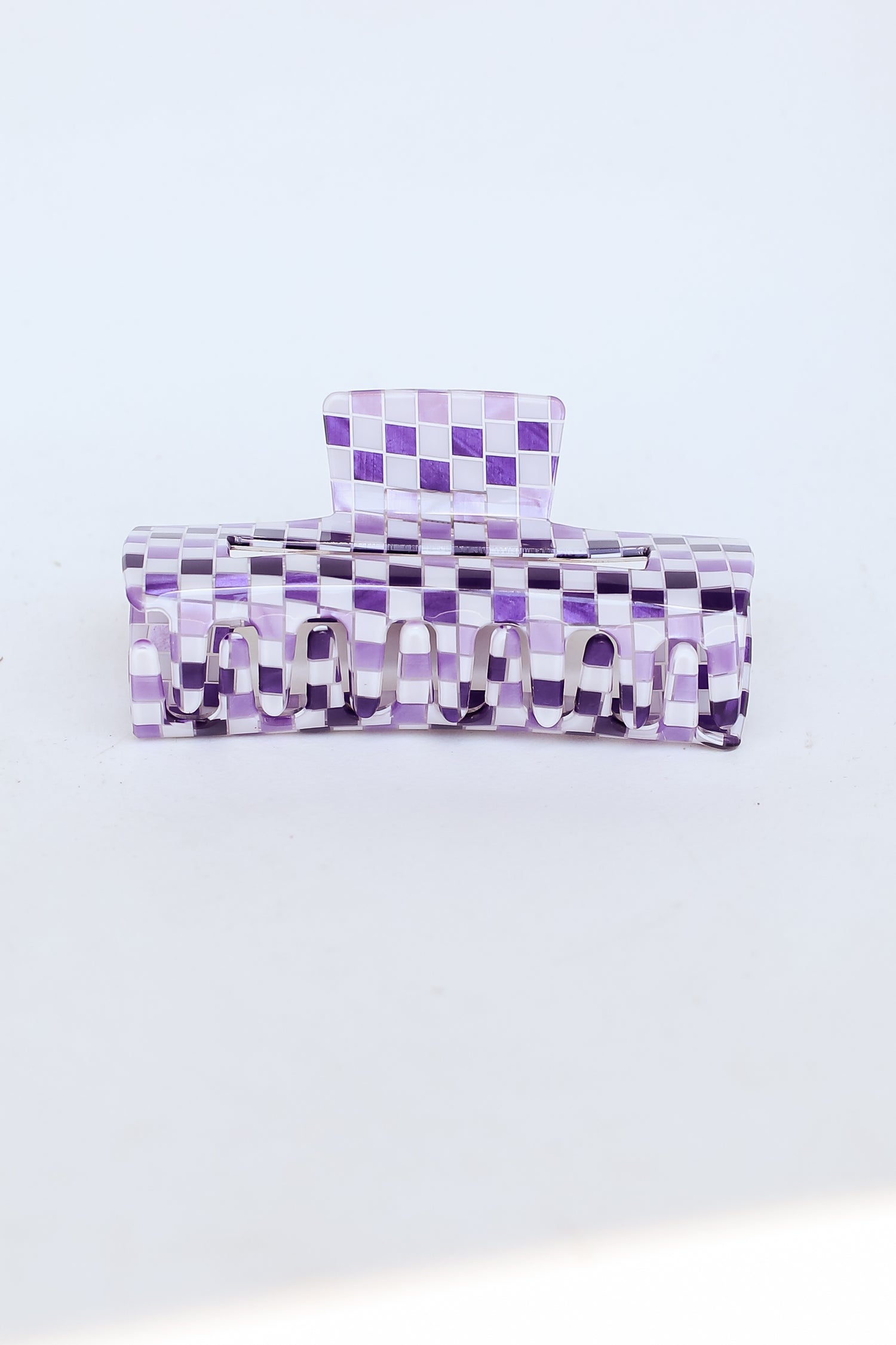 purple Acrylic Checkered Claw Hair Clip close up