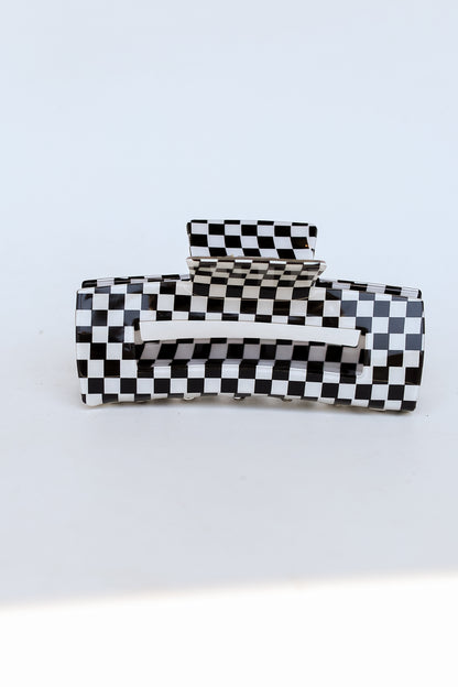 black Acrylic Checkered Claw Hair Clip flat lay