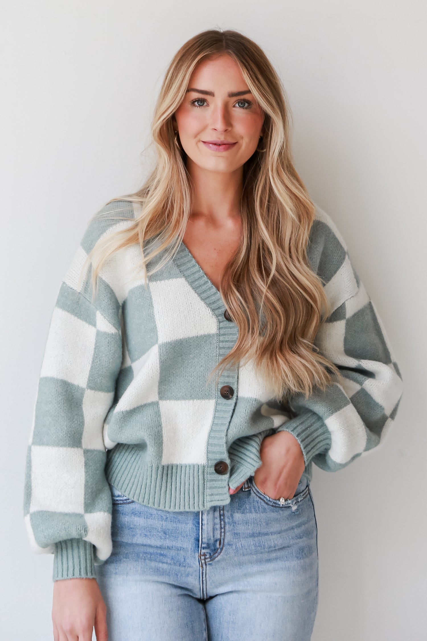 trendy Sage Checkered Sweater Cardigan