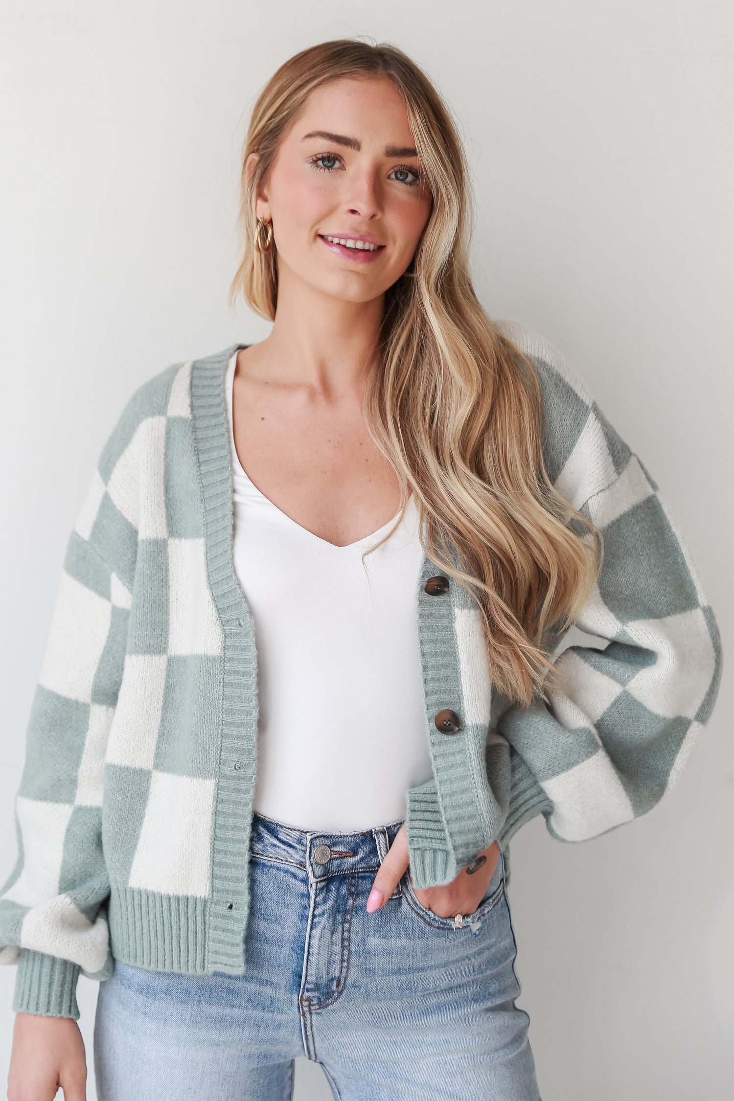 trendy Sage Checkered Sweater Cardigan