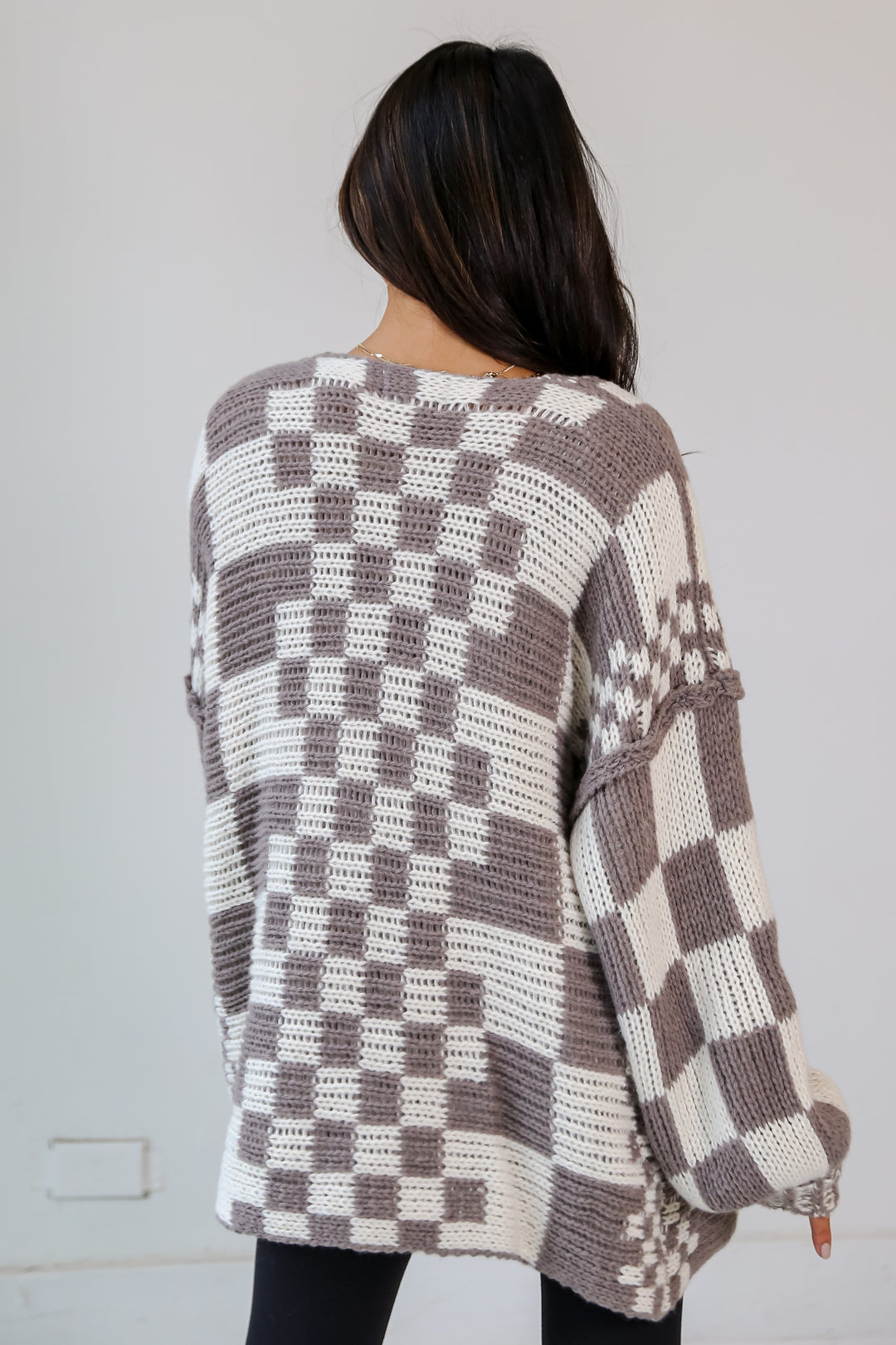 mocha Checkered Sweater Cardigan back view