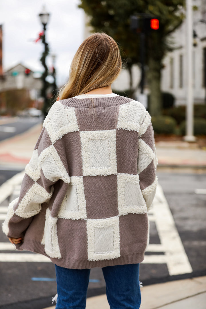 cute Mocha Checkered Sweater Cardigan