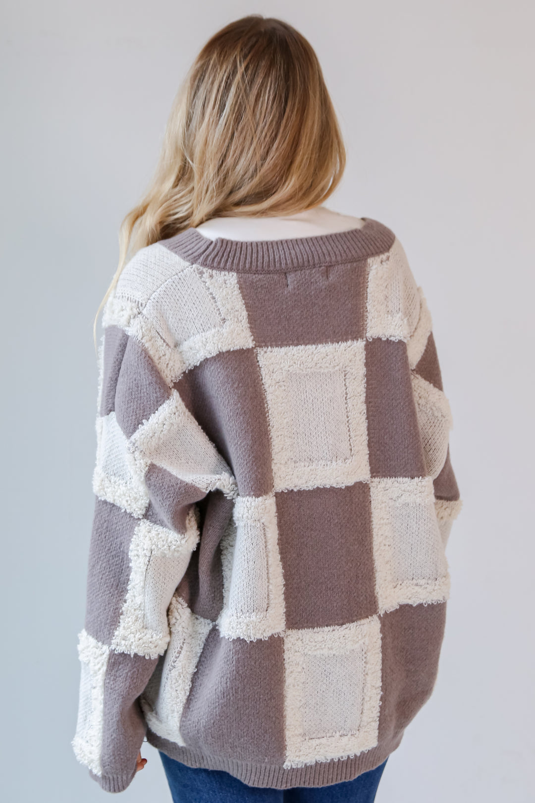 Mocha Checkered Sweater Cardigan back view