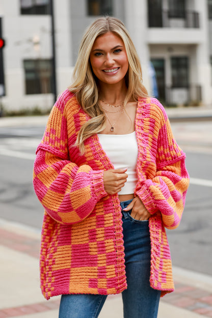 pink Checkered Sweater Cardigan