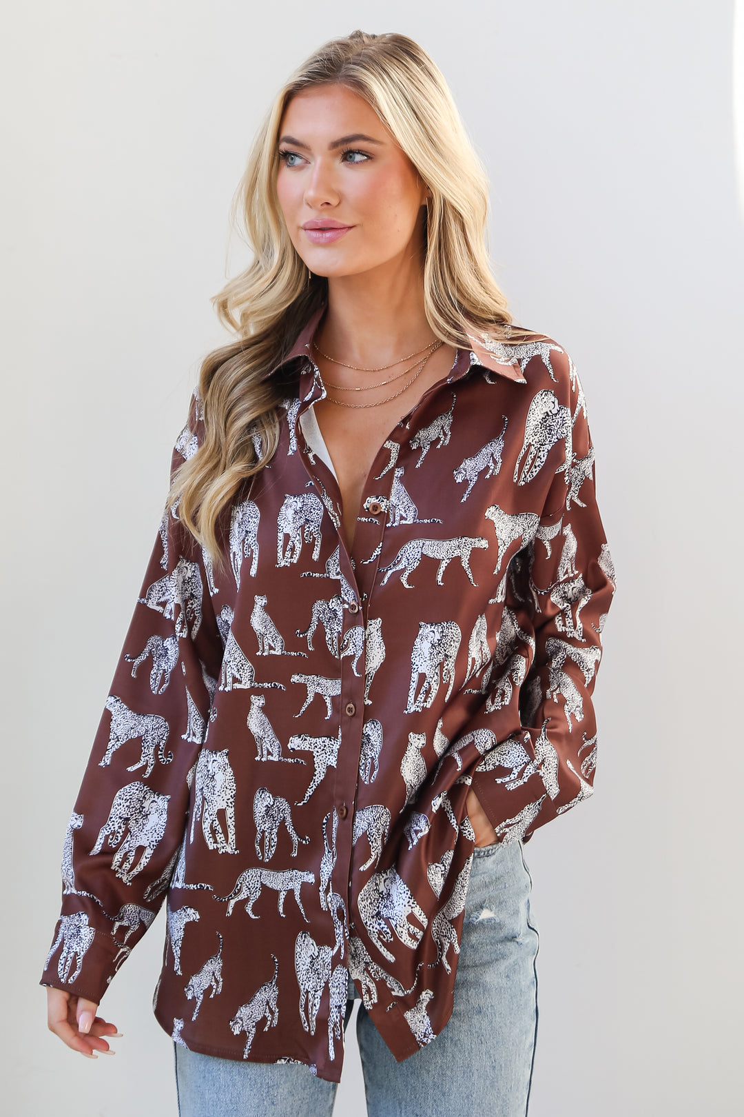 Mocha Cheetah Button-Up Blouse