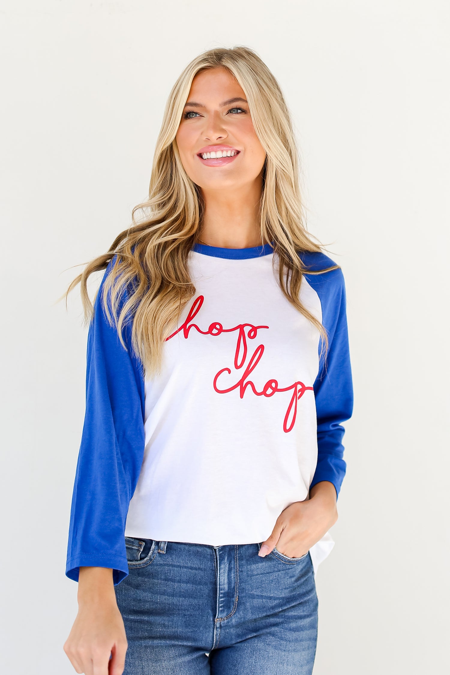 Chop Chop Raglan Tee front view on model