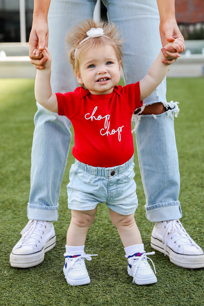 Red Chop Chop Script Onesie