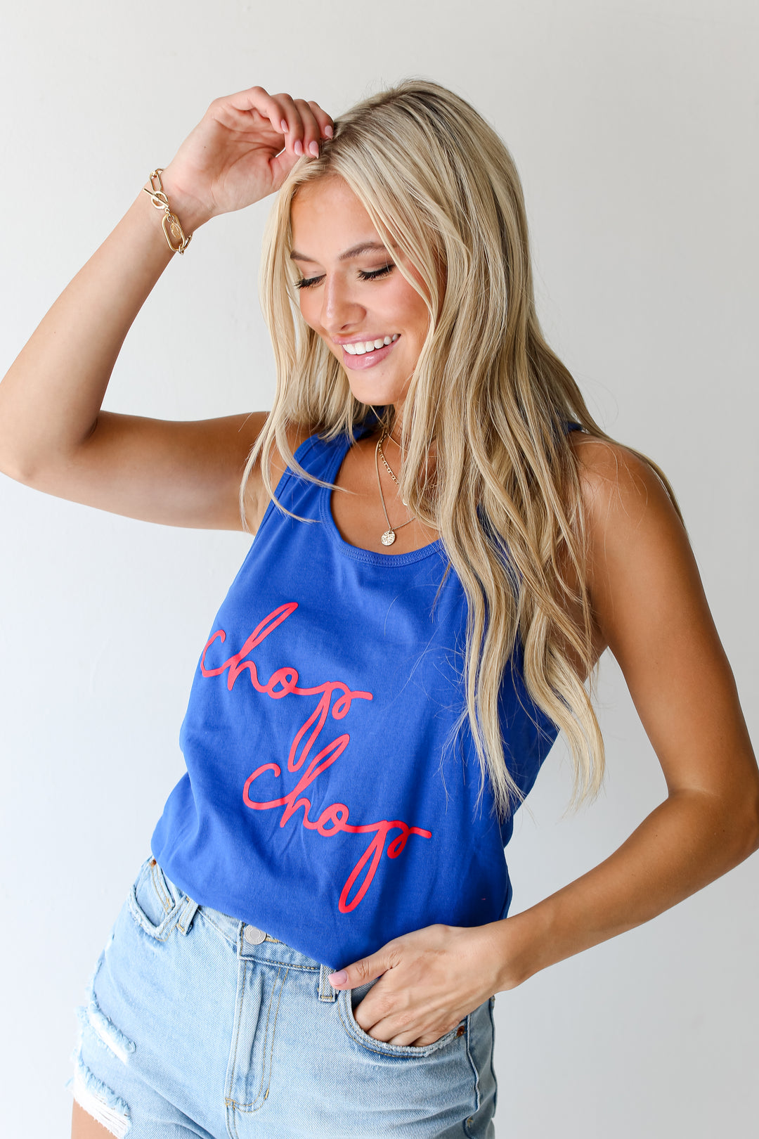 Royal Blue Chop Chop Tank on model