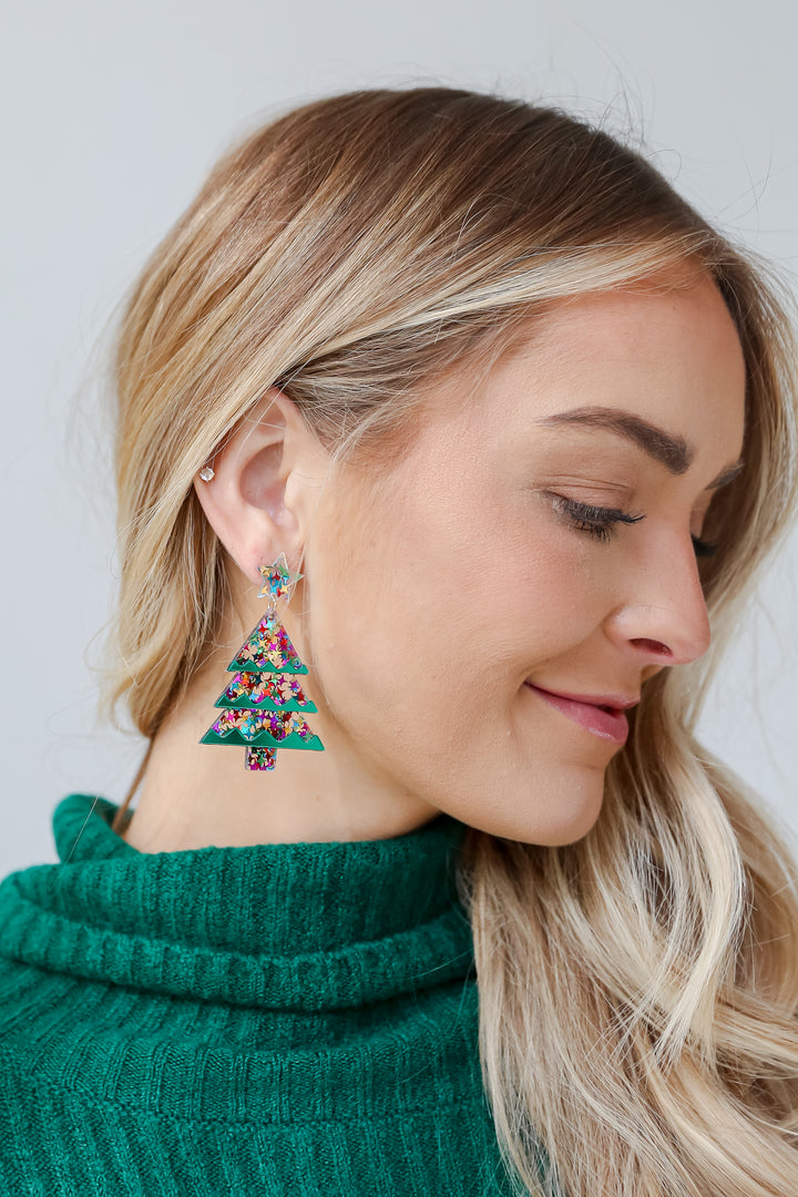 Christmas Tree Drop Earrings on model