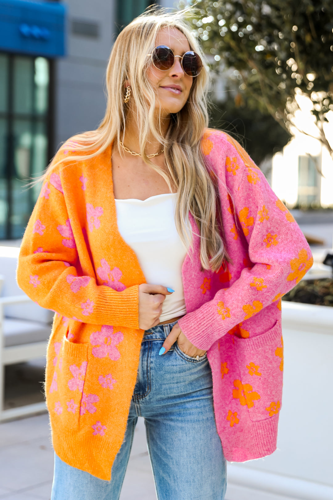 Pink Floral Color Block Cardigan