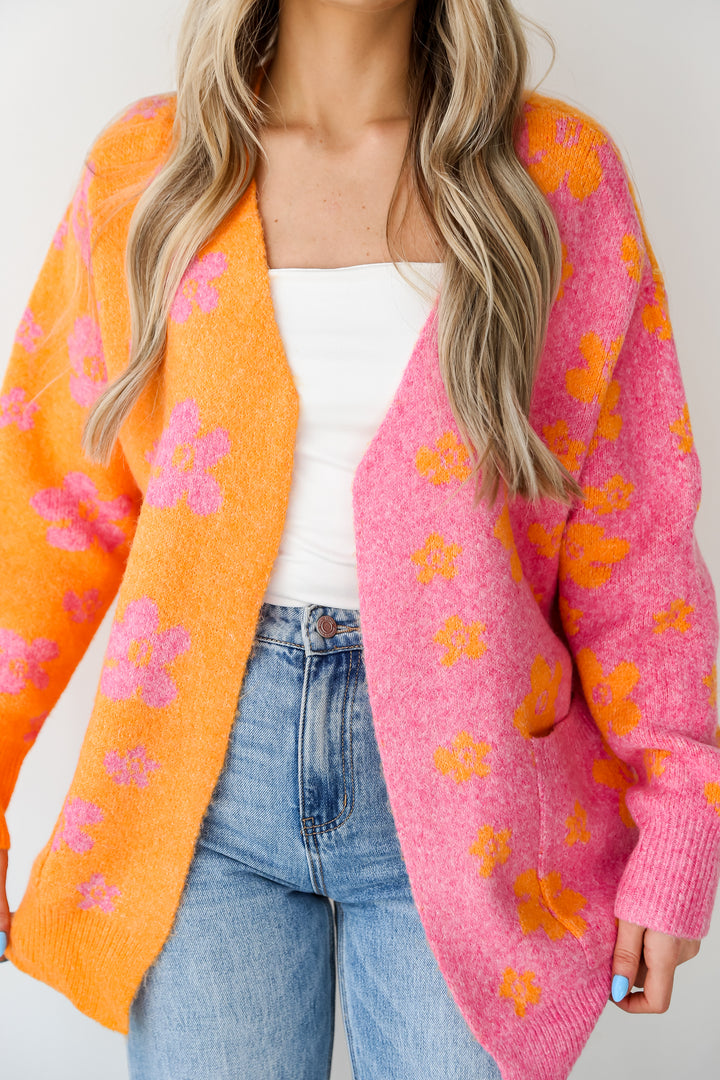 Pink Floral Color Block Cardigan on model