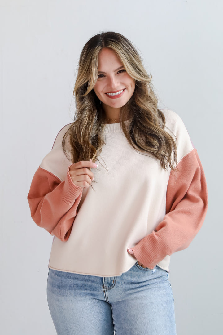 Complete Sophisticate Cream Color Block Sweater