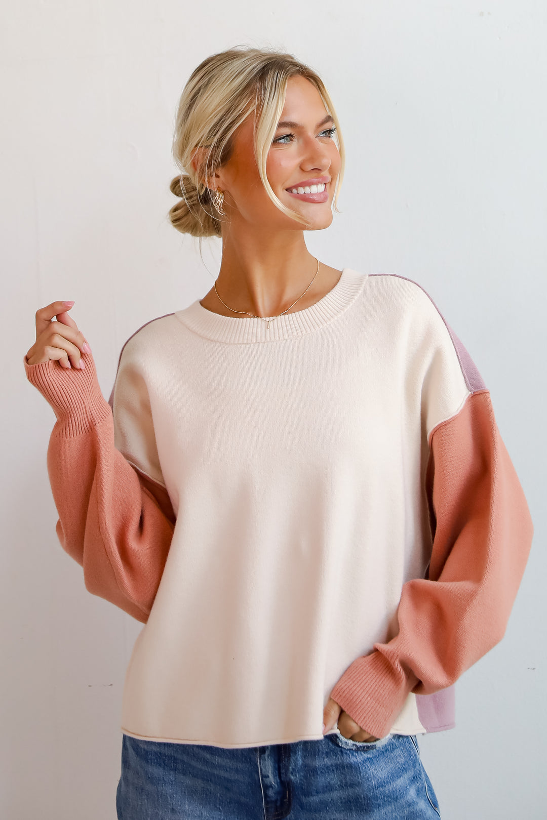 Complete Sophisticate Cream Color Block Sweater