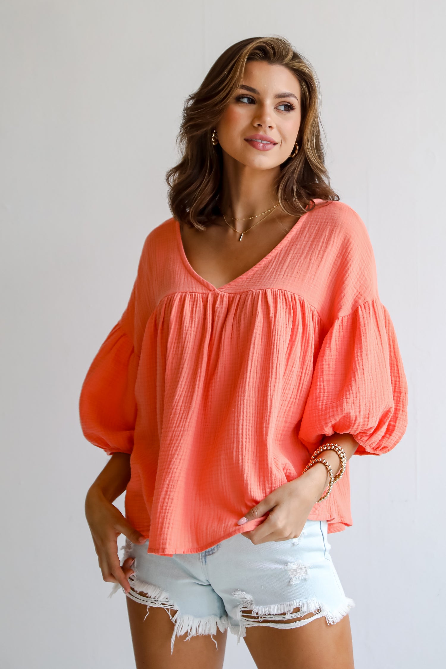 Coral Linen Babydoll Blouse