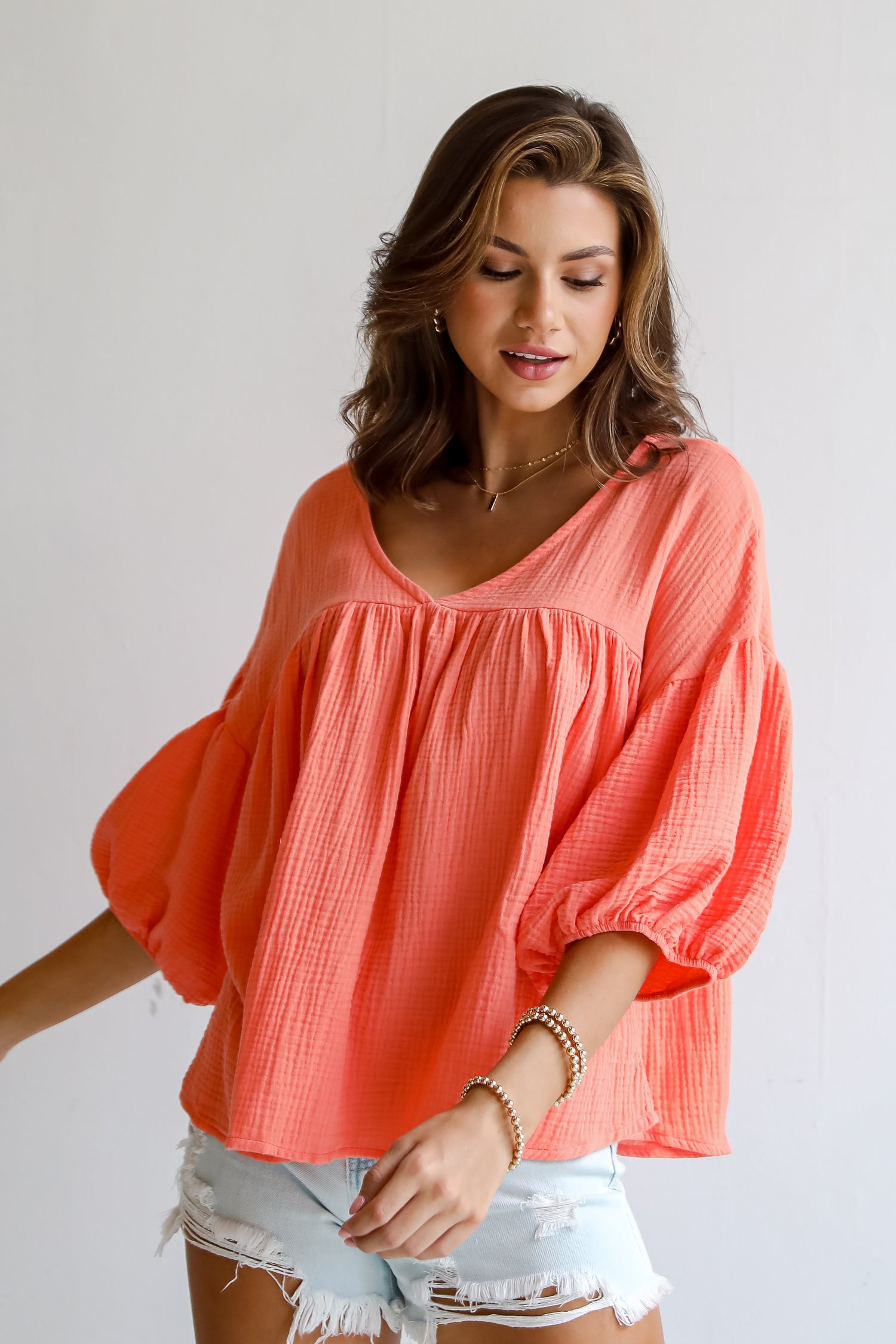 Coral Linen Babydoll Blouse