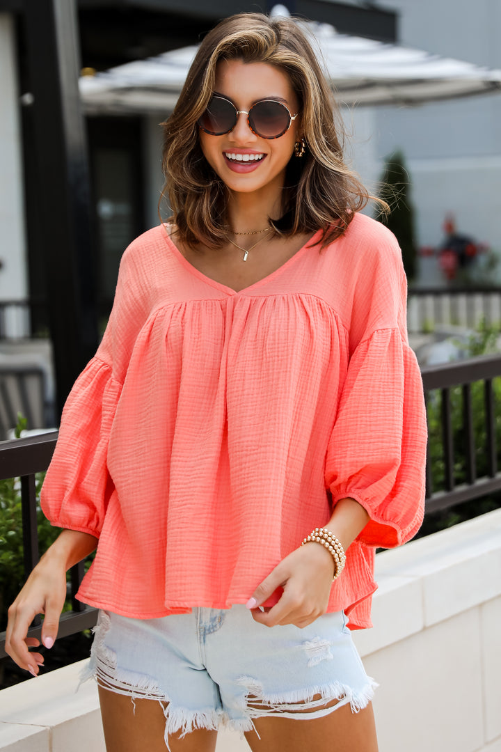 Coral Linen Babydoll Blouse