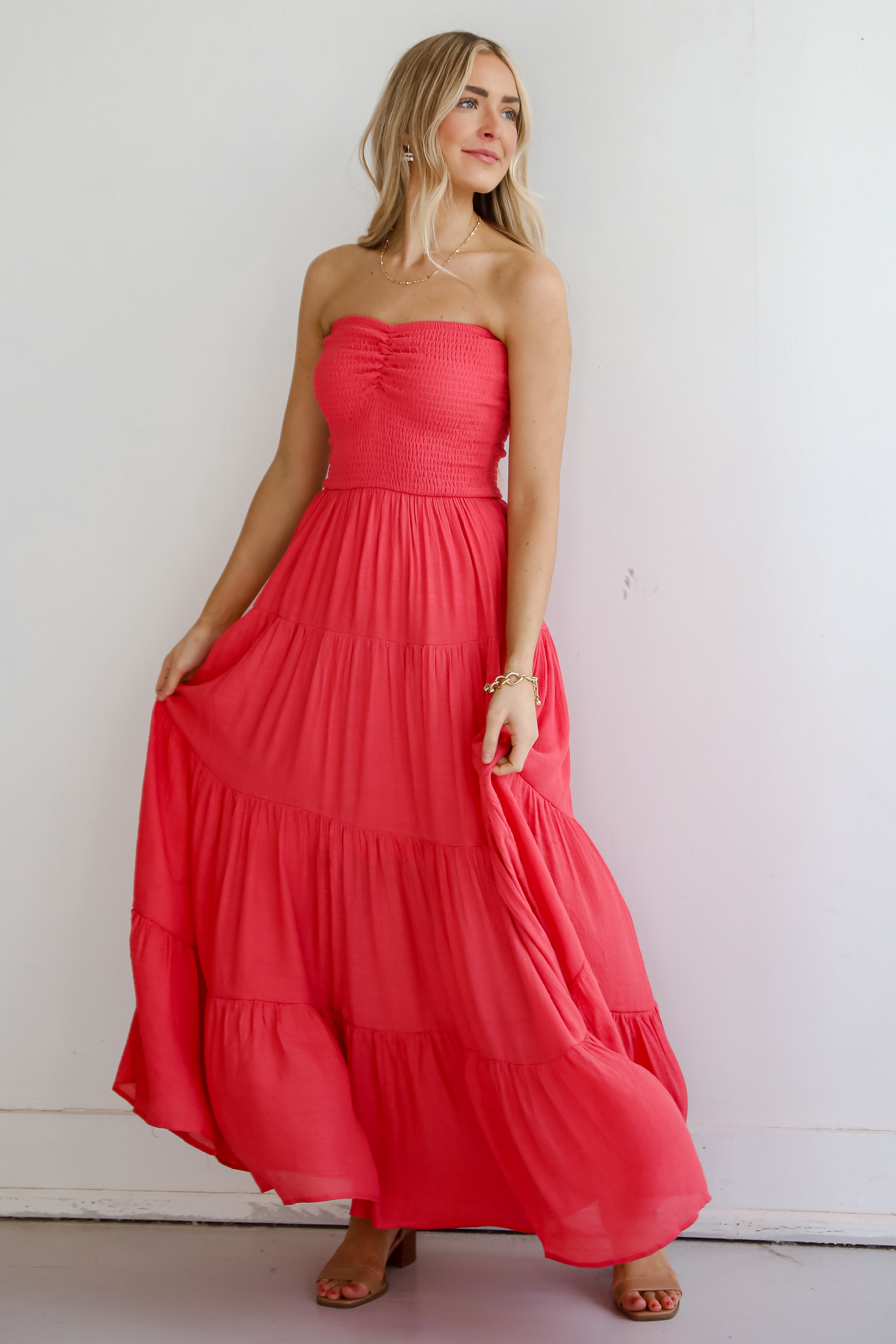 Getaway Mood Coral Strapless Tiered Maxi Dress beach dresses