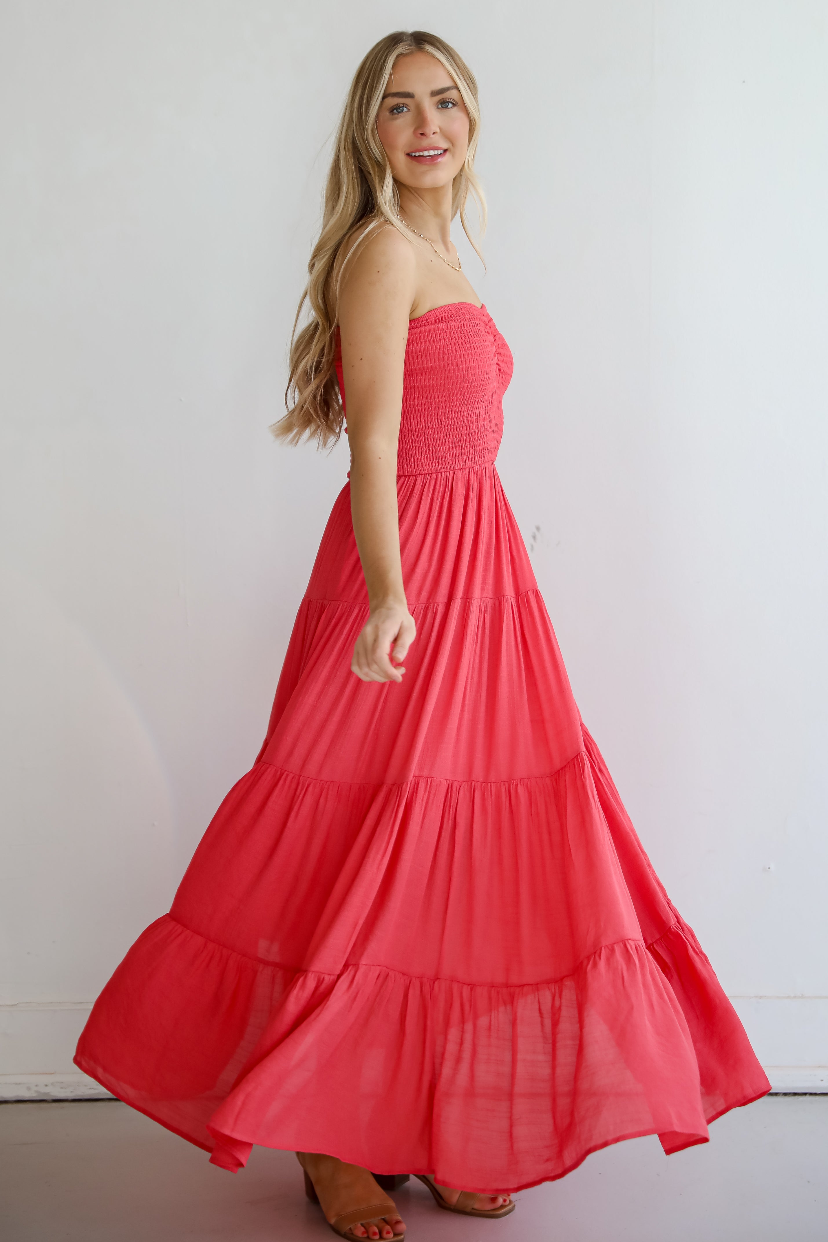 Getaway Mood Coral Strapless Tiered Maxi Dress smocked dress