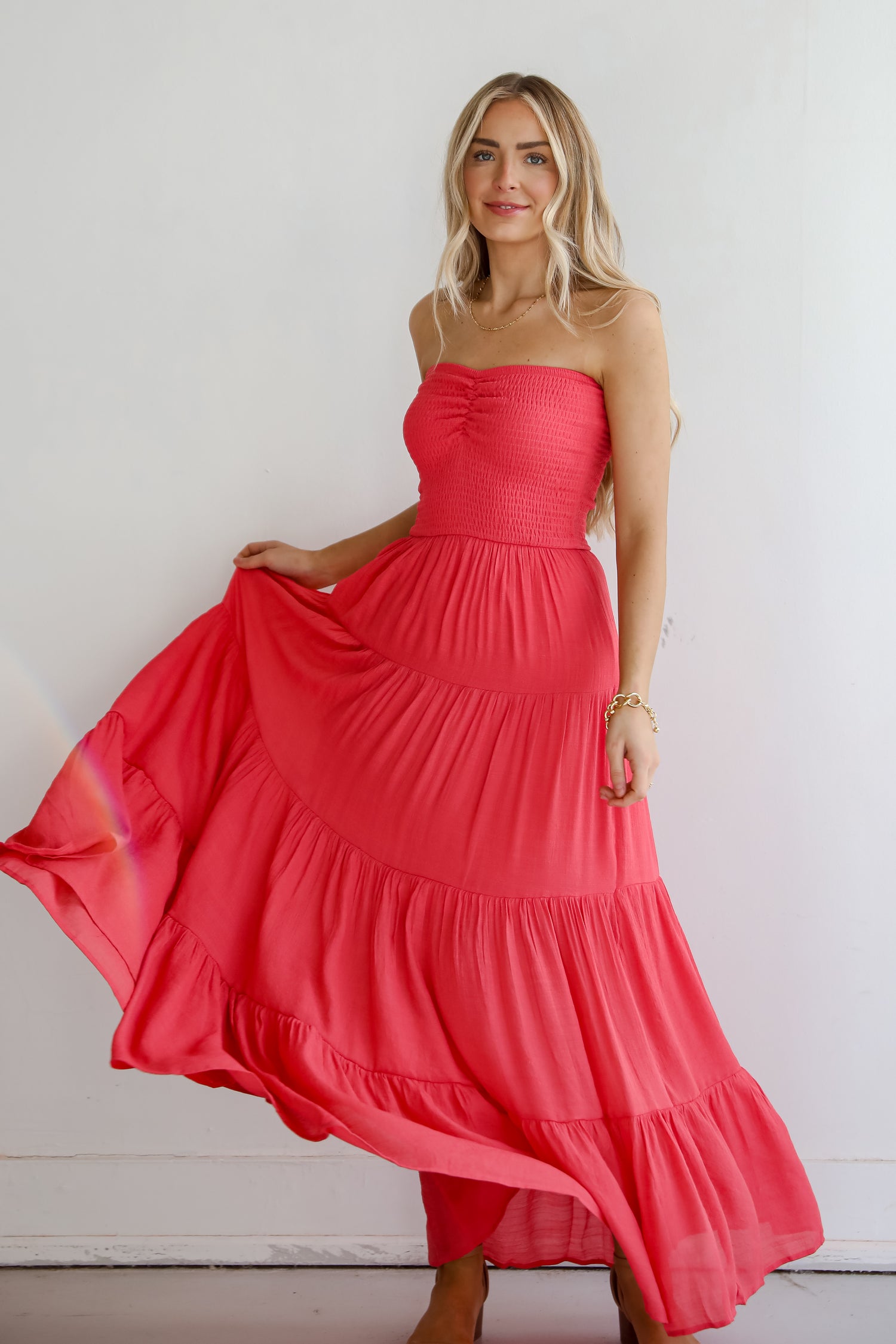 Getaway Mood Coral Strapless Tiered Maxi Dress long flowy dresses