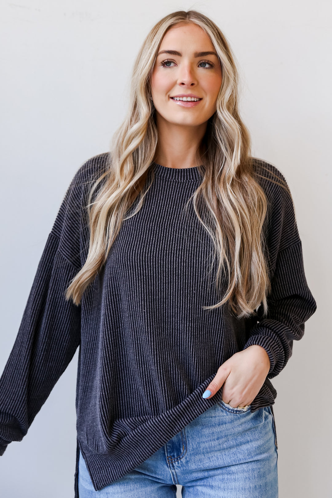 black Corded Oversized Pullover