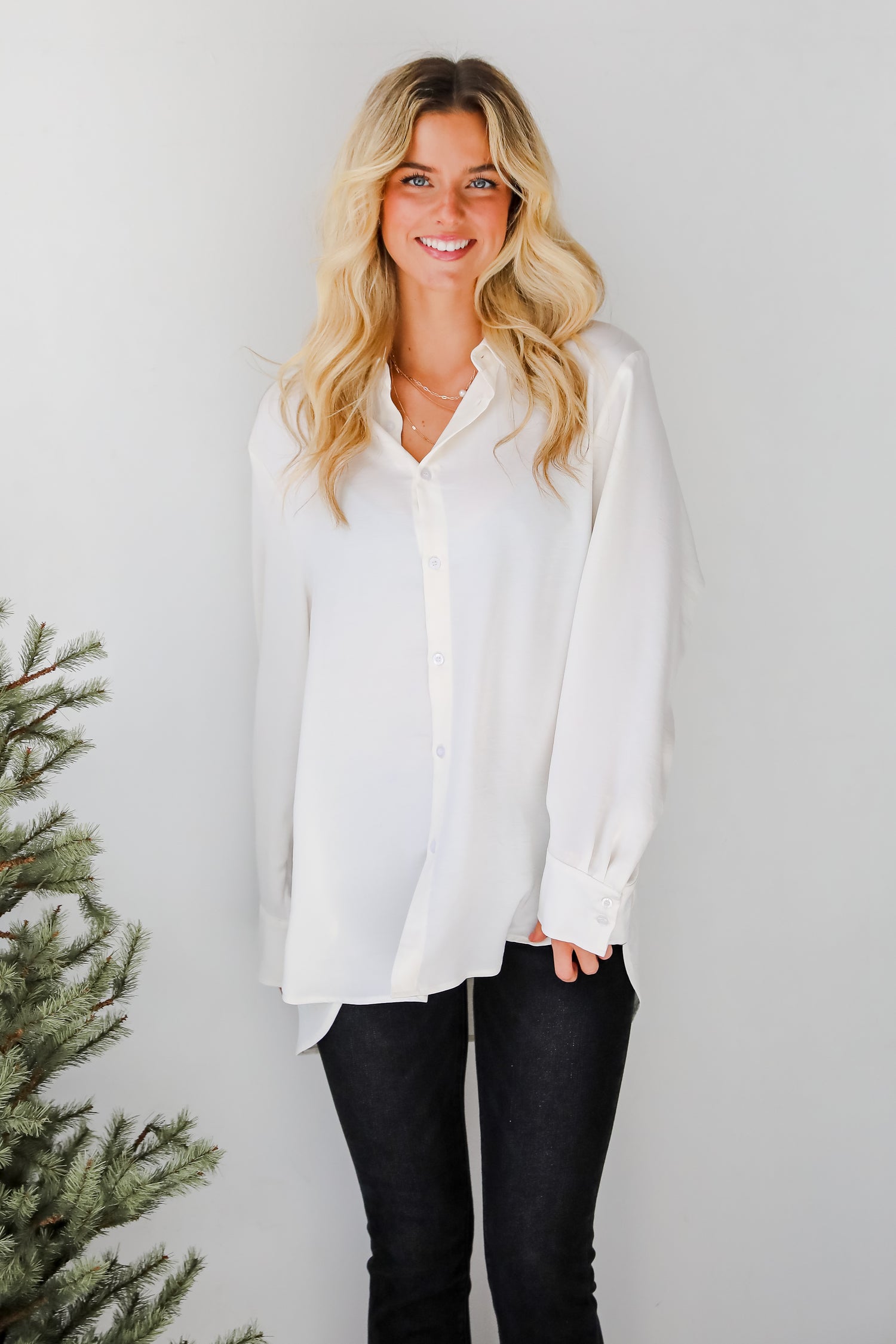 Elegant Sensation Cream Oversized Button-Up Blouse