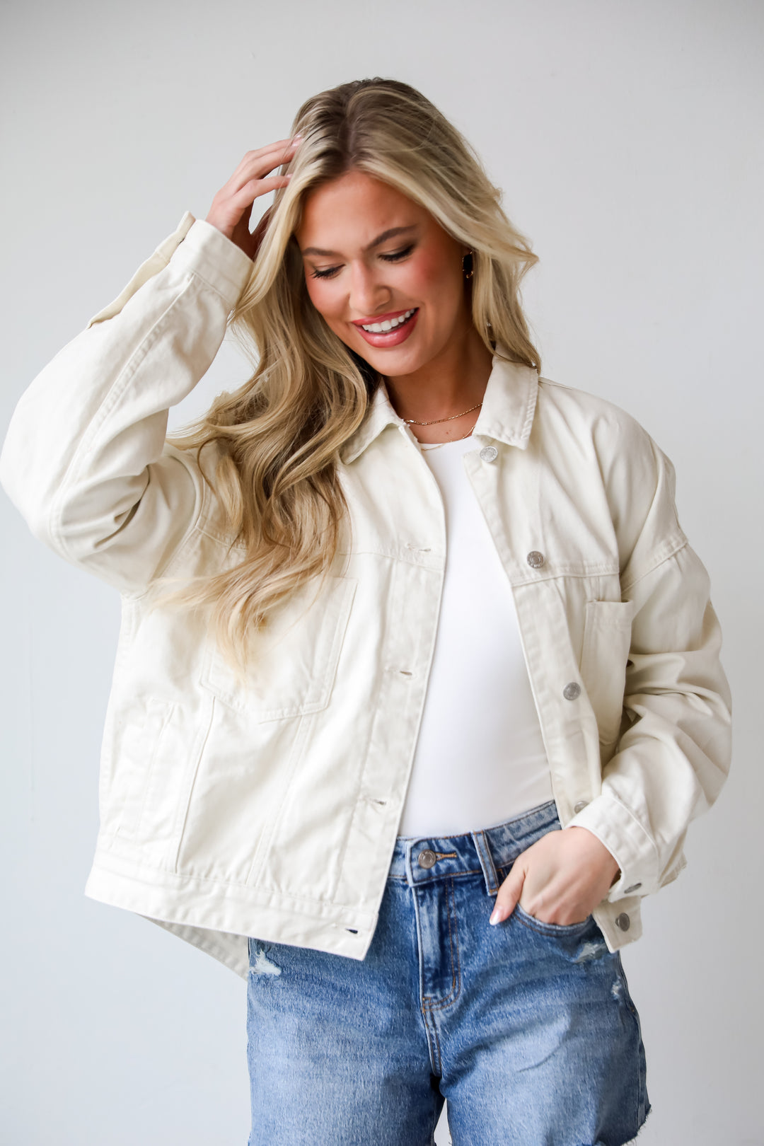 Effortless Presence Cream Denim Jacket. White denim jacket. oversized womens jacket. tops for spring