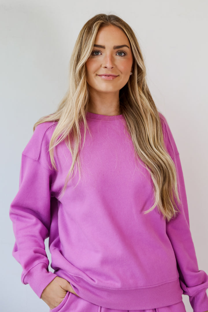 Magenta Fleece Pullover on model